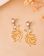 VOJ Gold Plated Leaf Designed Earrings With Pearl | Grocsy