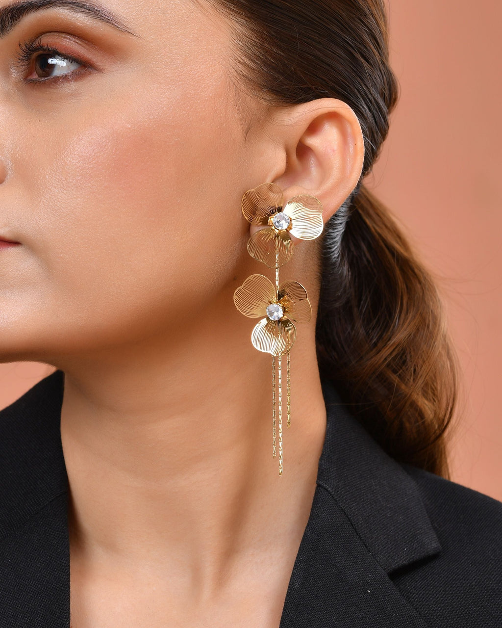 VOJ Gold Toned Floral Design With Tassel Studs Earrings | Grocsy