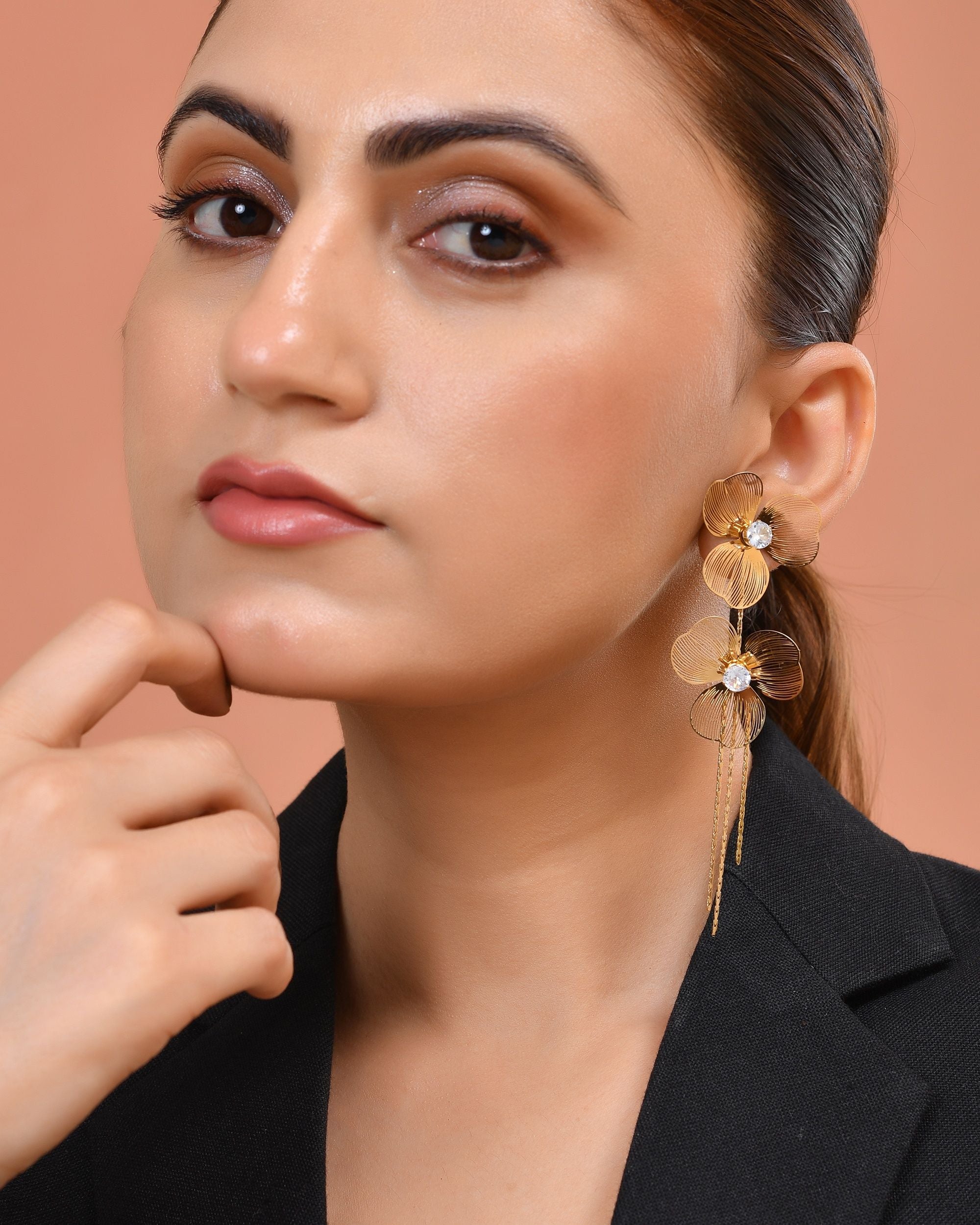 VOJ Gold Toned Floral Design With Tassel Studs Earrings | Grocsy