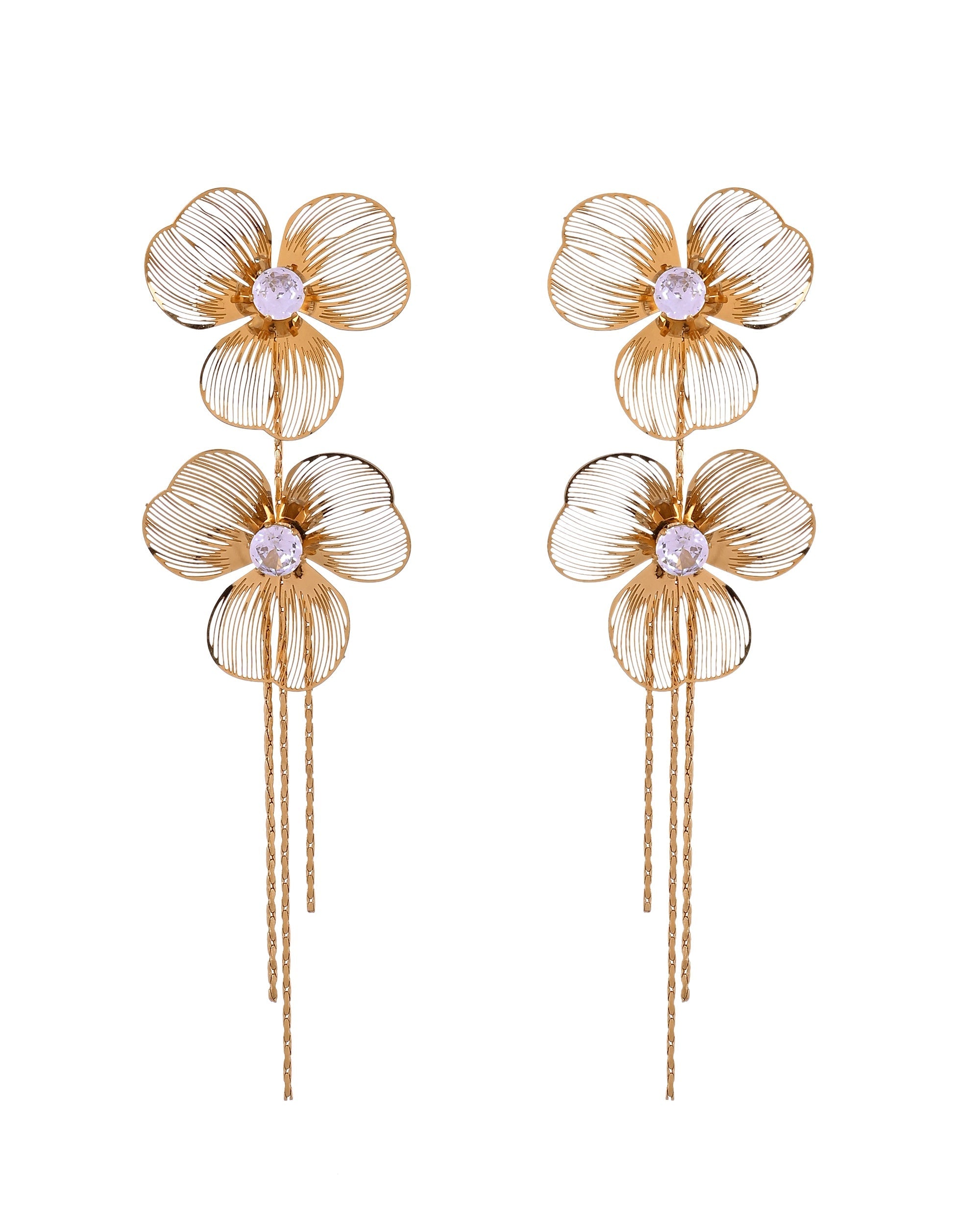 VOJ Gold Toned Floral Design With Tassel Studs Earrings | Grocsy