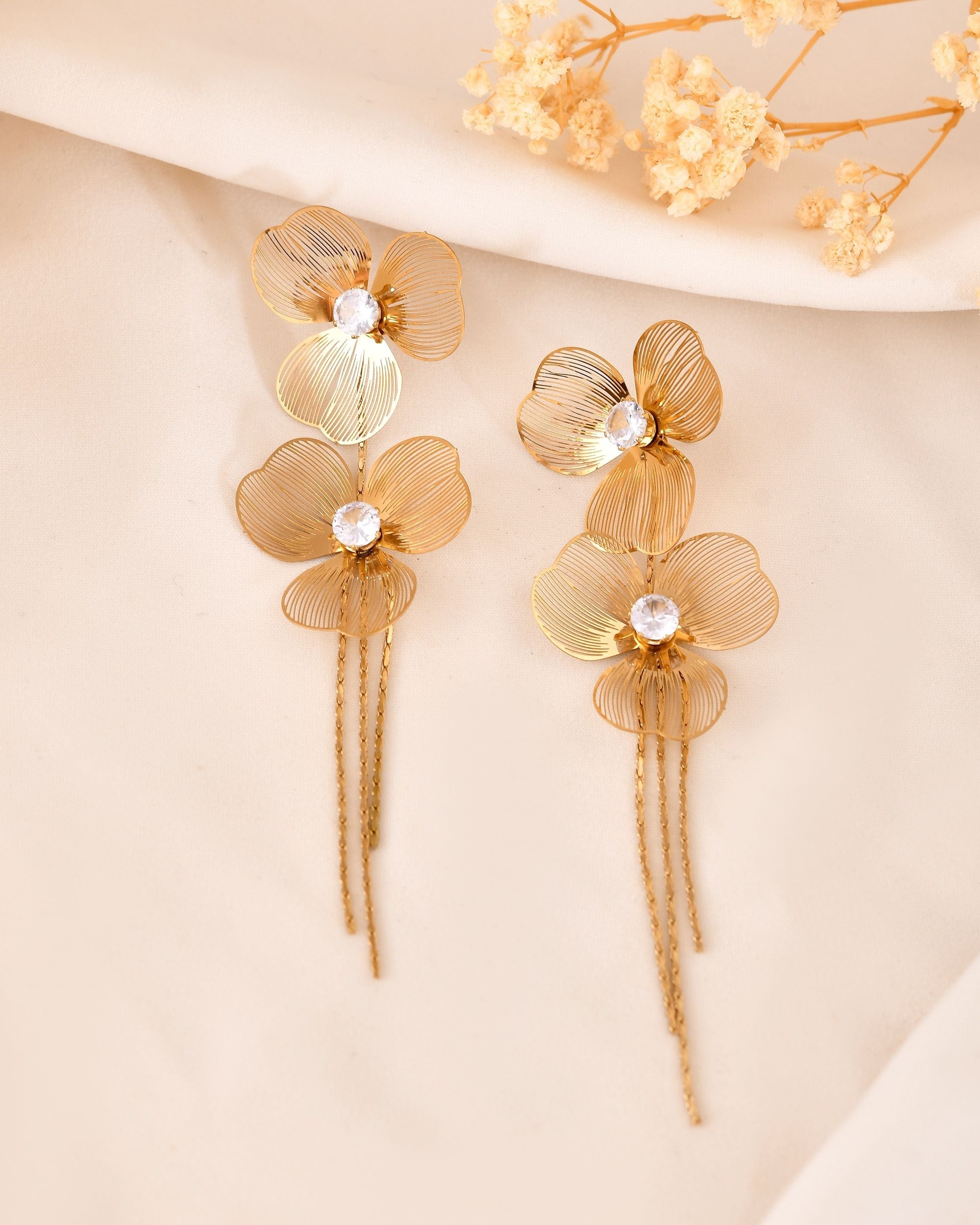 VOJ Gold Toned Floral Design With Tassel Studs Earrings | Grocsy