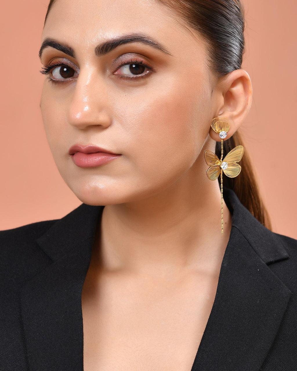 VOJ Gold Toned Single Butterfly Design With Tassel Studs Earrings | Grocsy