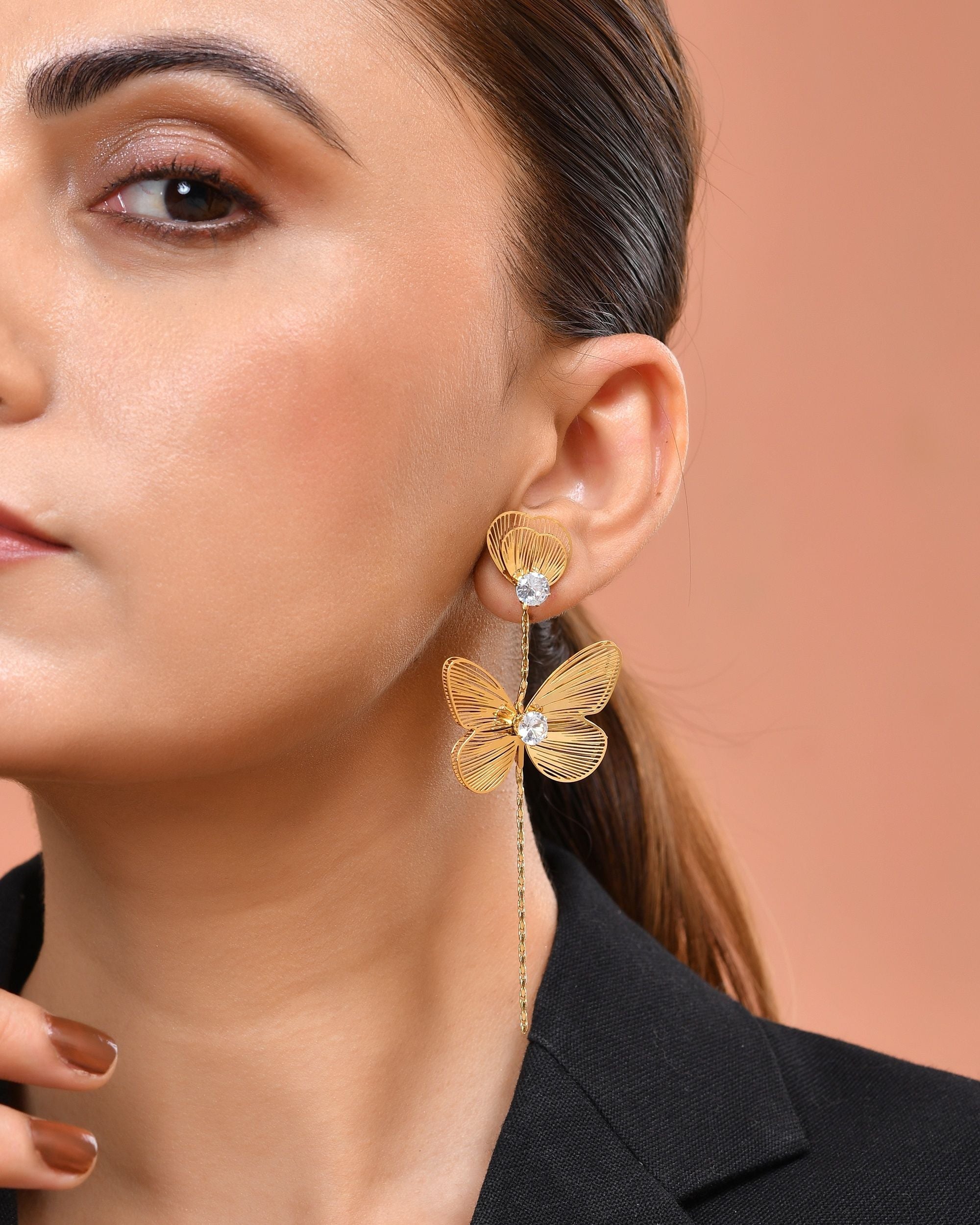 VOJ Gold Toned Single Butterfly Design With Tassel Studs Earrings | Grocsy