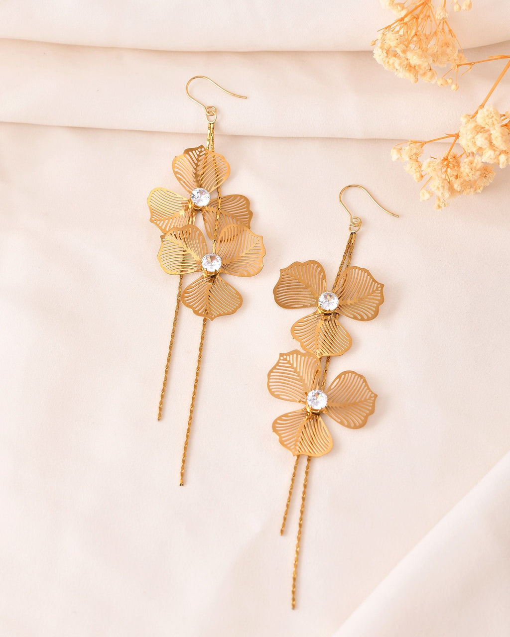 VOJ Gold Toned Floral Design With Tassel Drop Earrings | Grocsy