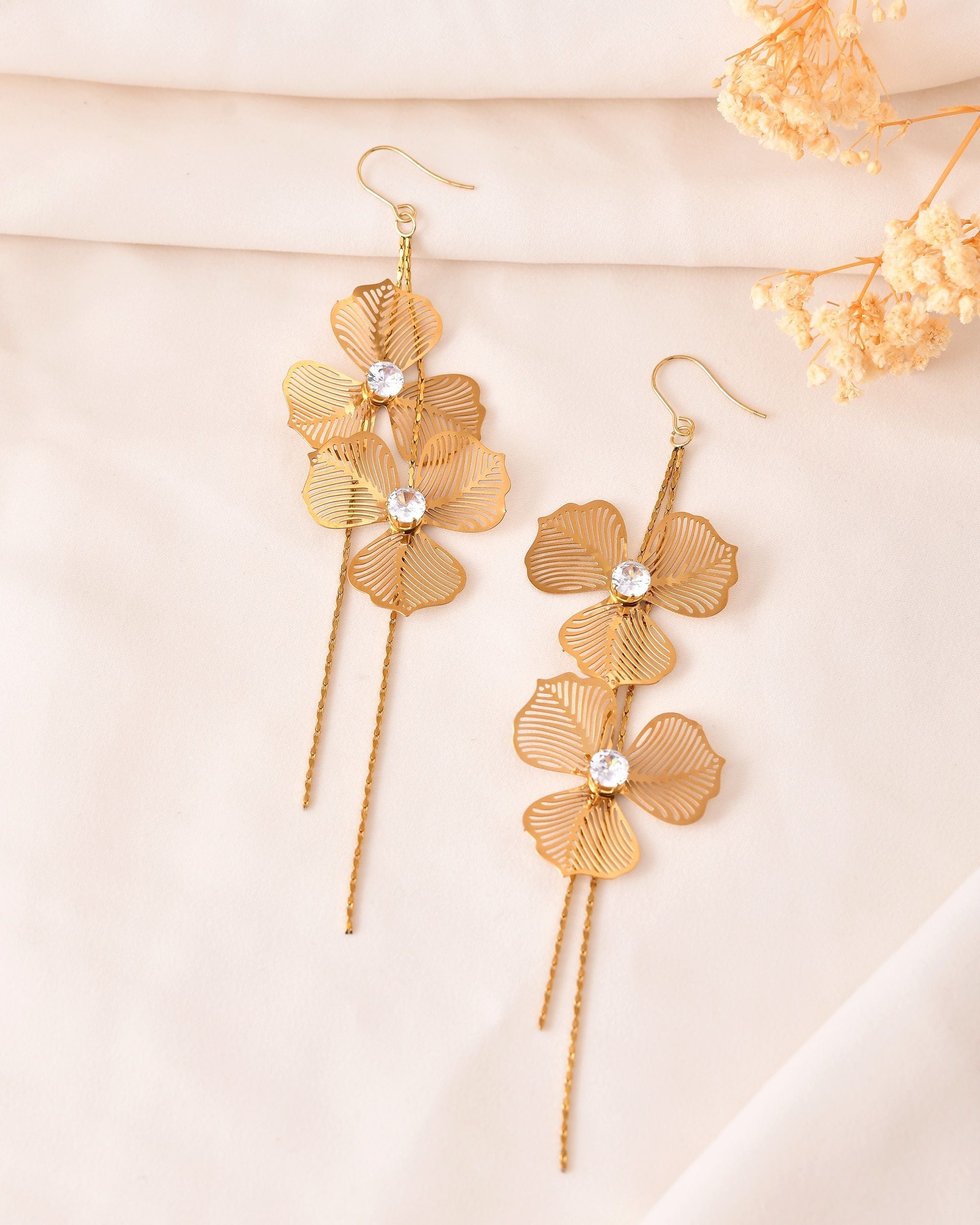 VOJ Gold Toned Floral Design With Tassel Drop Earrings | Grocsy