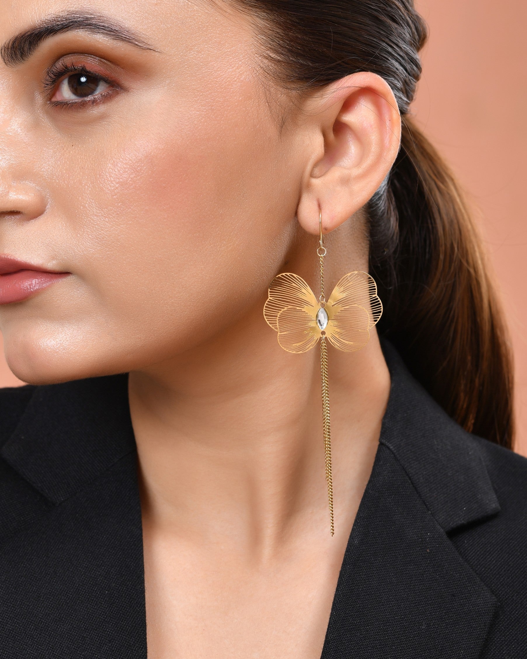 VOJ Gold Toned Single Butterfly Design With Tassel Drop Earrings | Grocsy