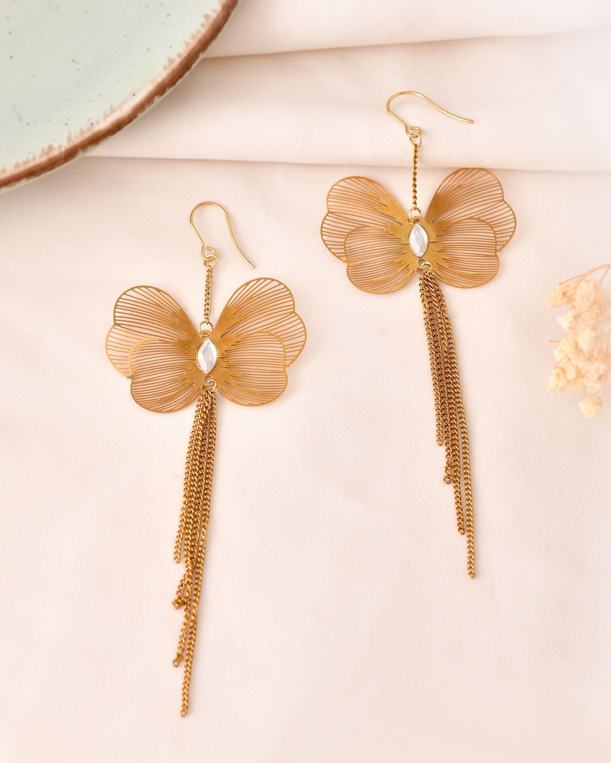 VOJ Gold Toned Single Butterfly Design With Tassel Drop Earrings | Grocsy