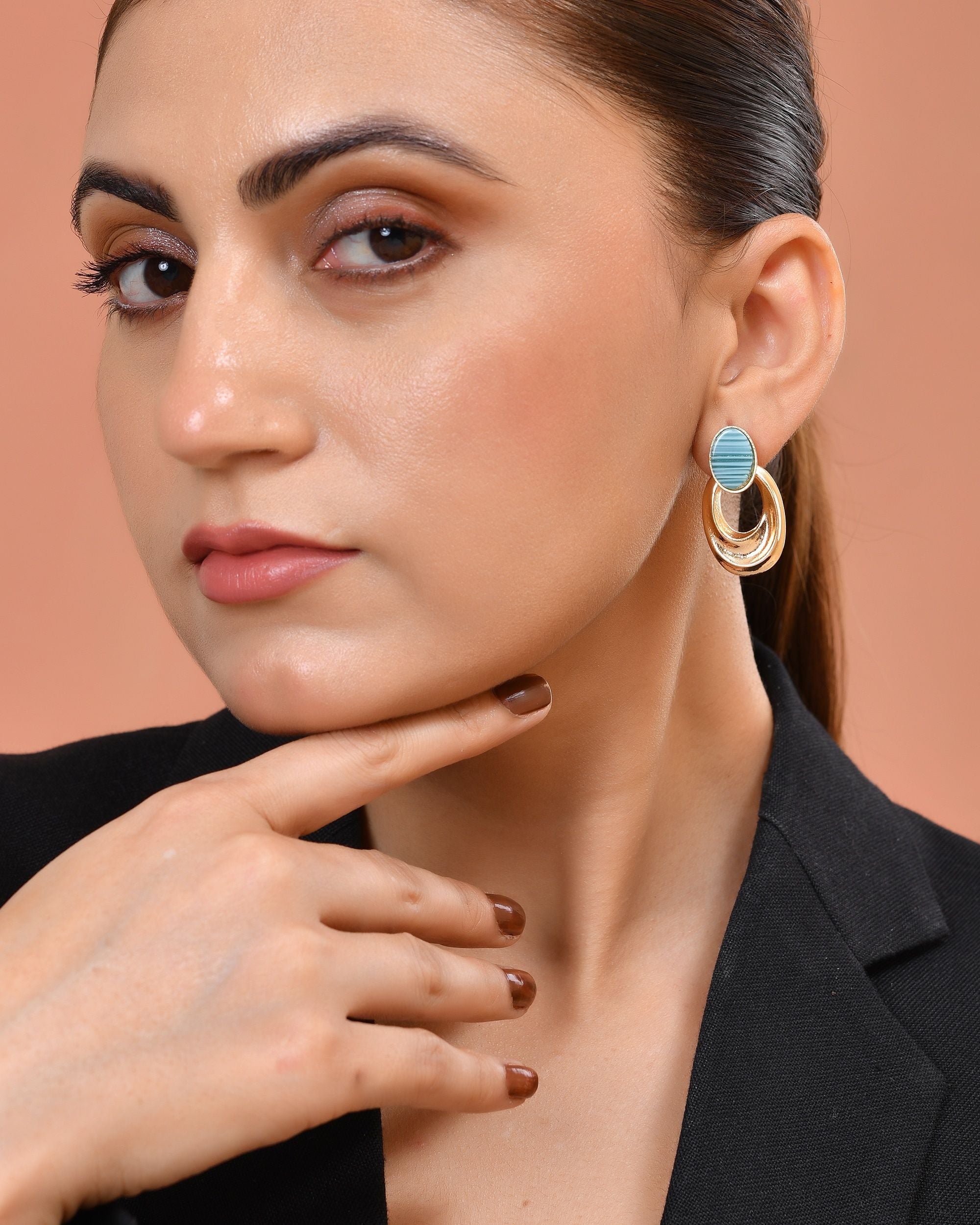 VOJ Gold Plated Blue Stone Studded Oval Shaped Earrings | Grocsy