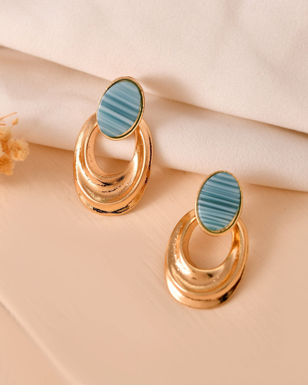 VOJ Gold Plated Blue Stone Studded Oval Shaped Earrings | Grocsy