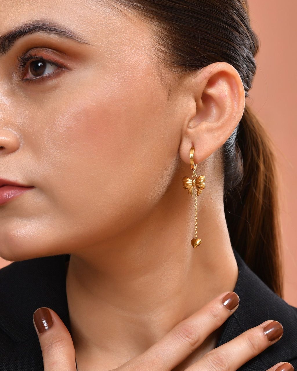VOJ Gold Plated Bow Designed Hoop Drop Earrings | Grocsy