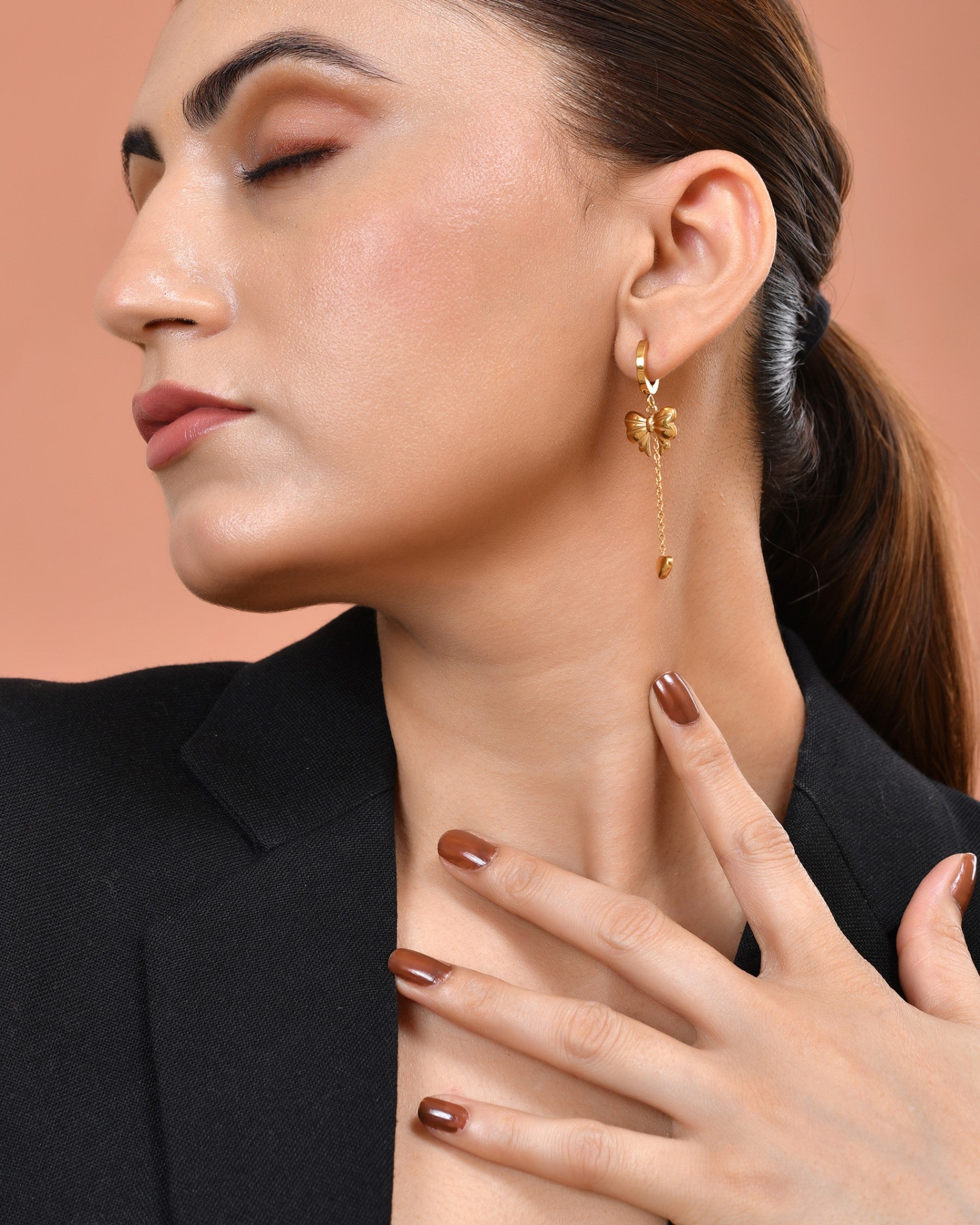 VOJ Gold Plated Bow Designed Hoop Drop Earrings | Grocsy
