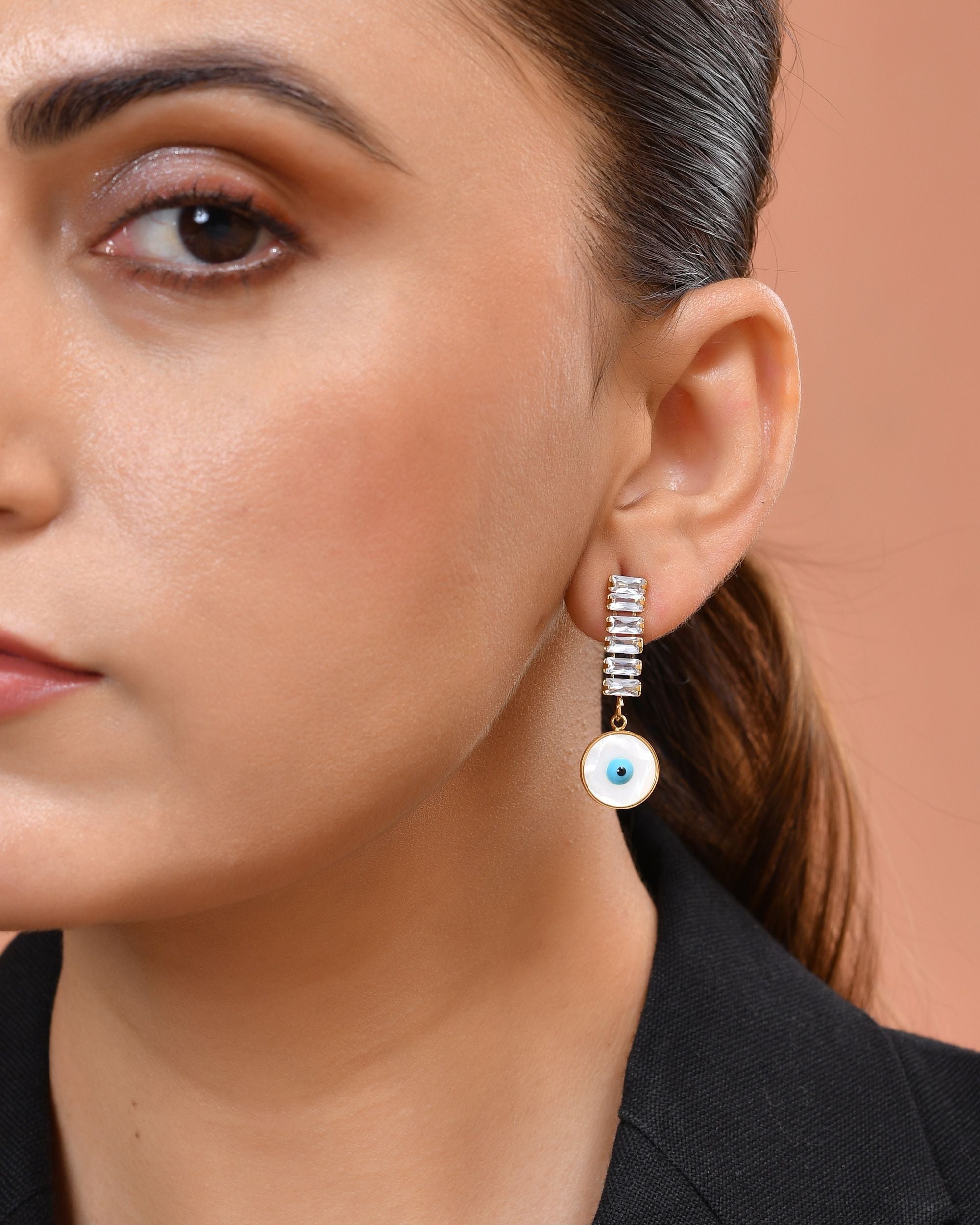 VOJ Gold Plated Stone Studded Evil Eye Drop Earrings | Grocsy