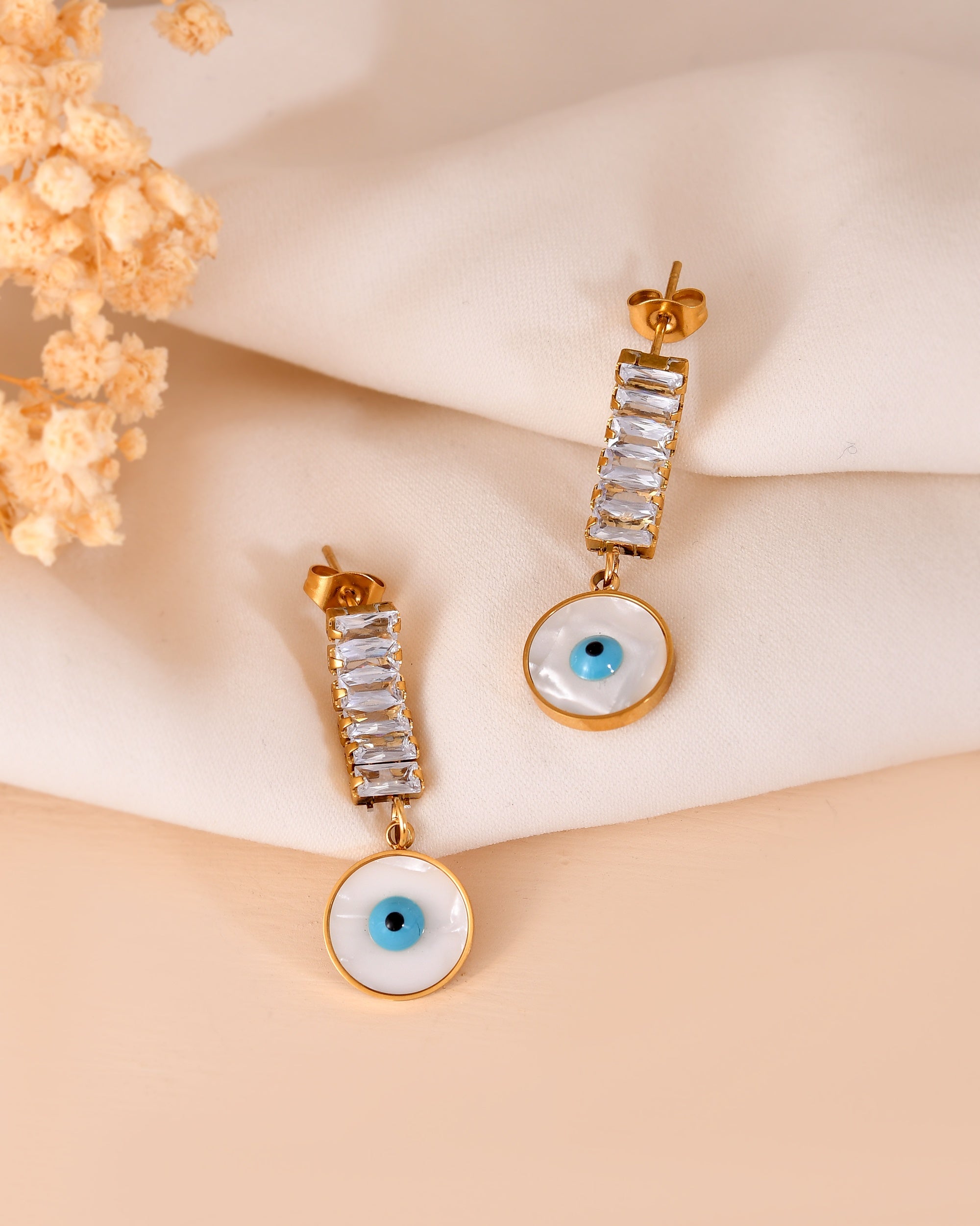 VOJ Gold Plated Stone Studded Evil Eye Drop Earrings | Grocsy