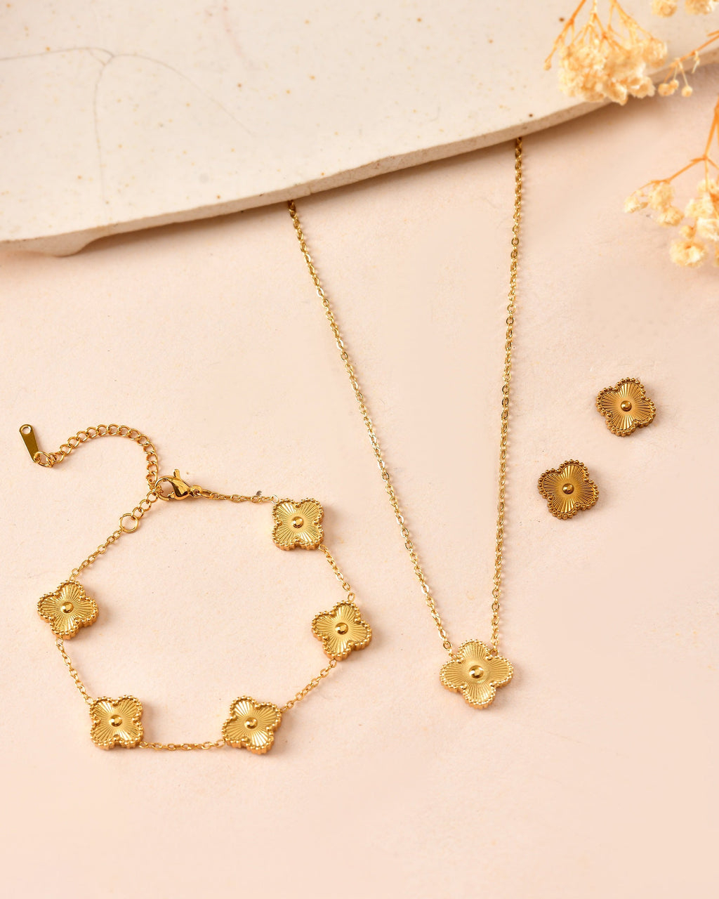 VOJ Gold Plated Floral Design Chain With Earrings And Bracelet Set | Grocsy