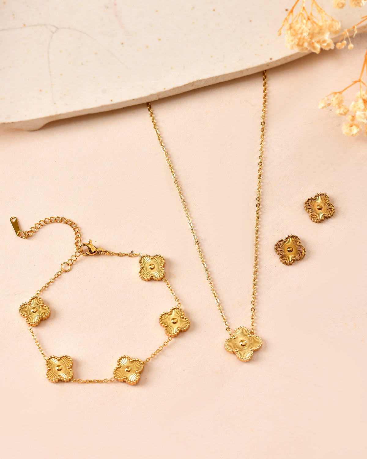 VOJ Gold Plated Floral Design Chain With Earrings And Bracelet Set | Grocsy