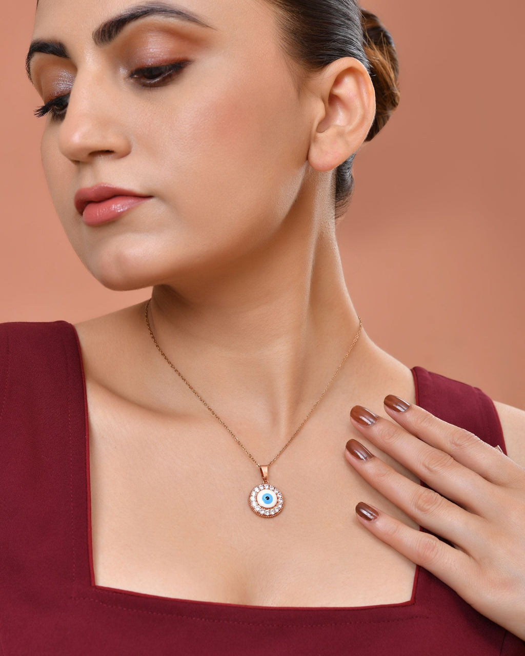 VOJ Rose Gold Plated Ad Stone Studded Evil Eye Pendant With Chain | Grocsy