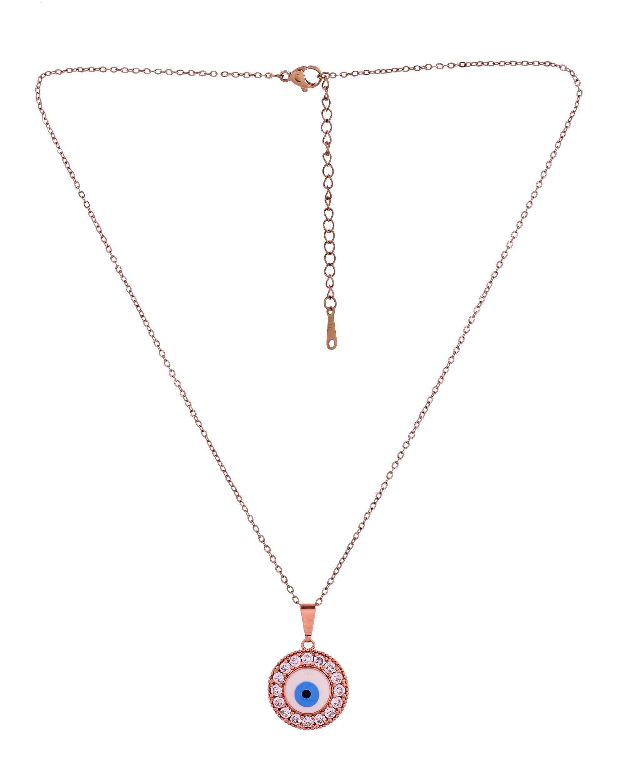 VOJ Rose Gold Plated Ad Stone Studded Evil Eye Pendant With Chain | Grocsy