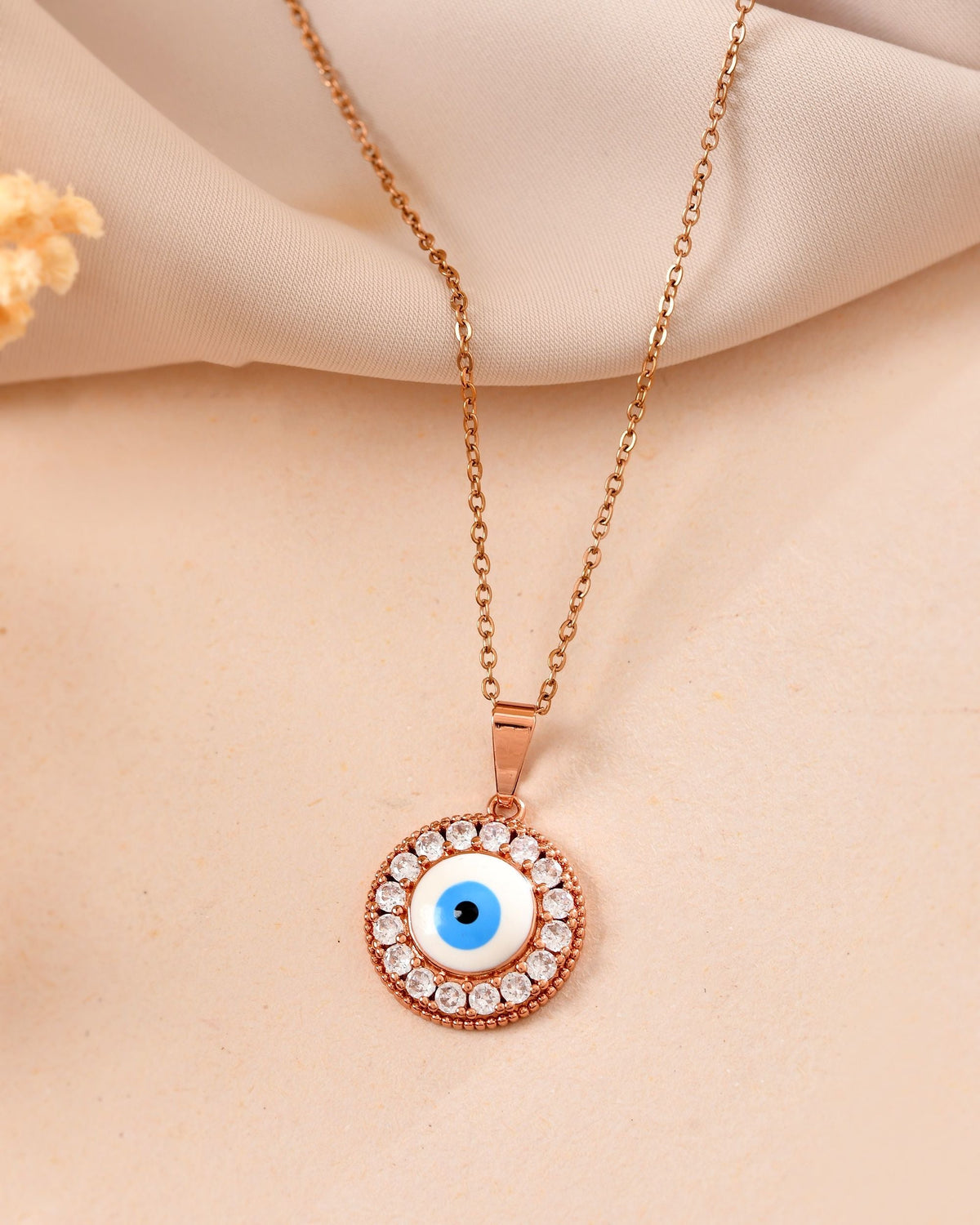 VOJ Rose Gold Plated Ad Stone Studded Evil Eye Pendant With Chain | Grocsy