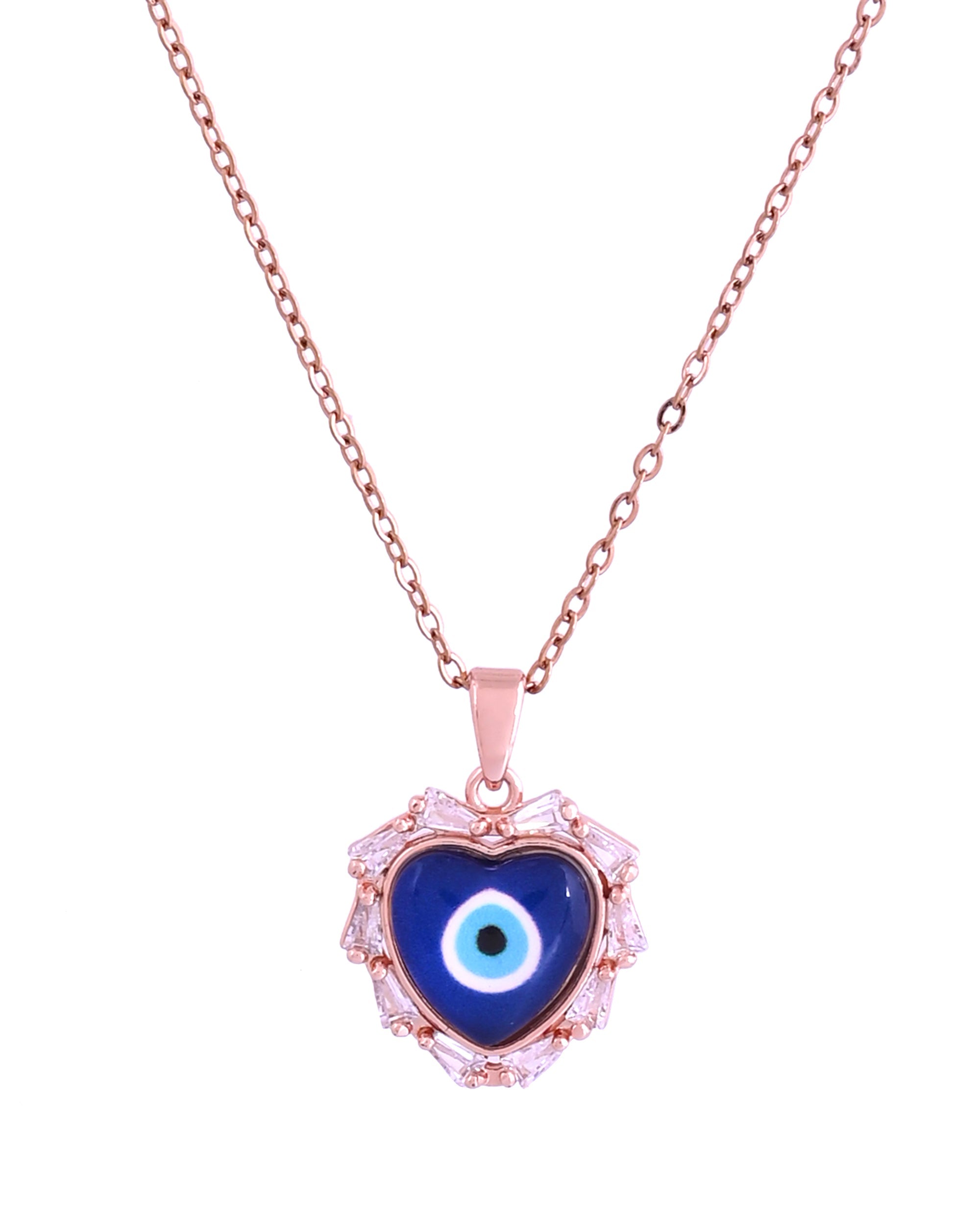 VOJ Rose Gold Plated Heart Shaped Evil Eye Pendant With Chain | Grocsy