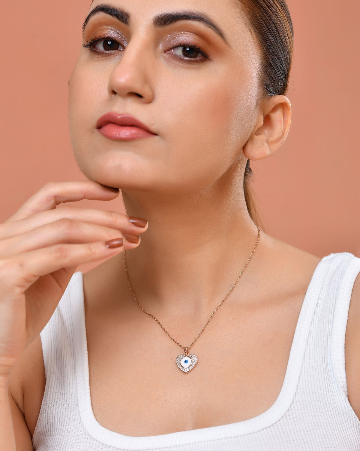 VOJ Gold Plated Heart Shaped Ad Stone Studded Evil Eye Pendant With Chain | Grocsy