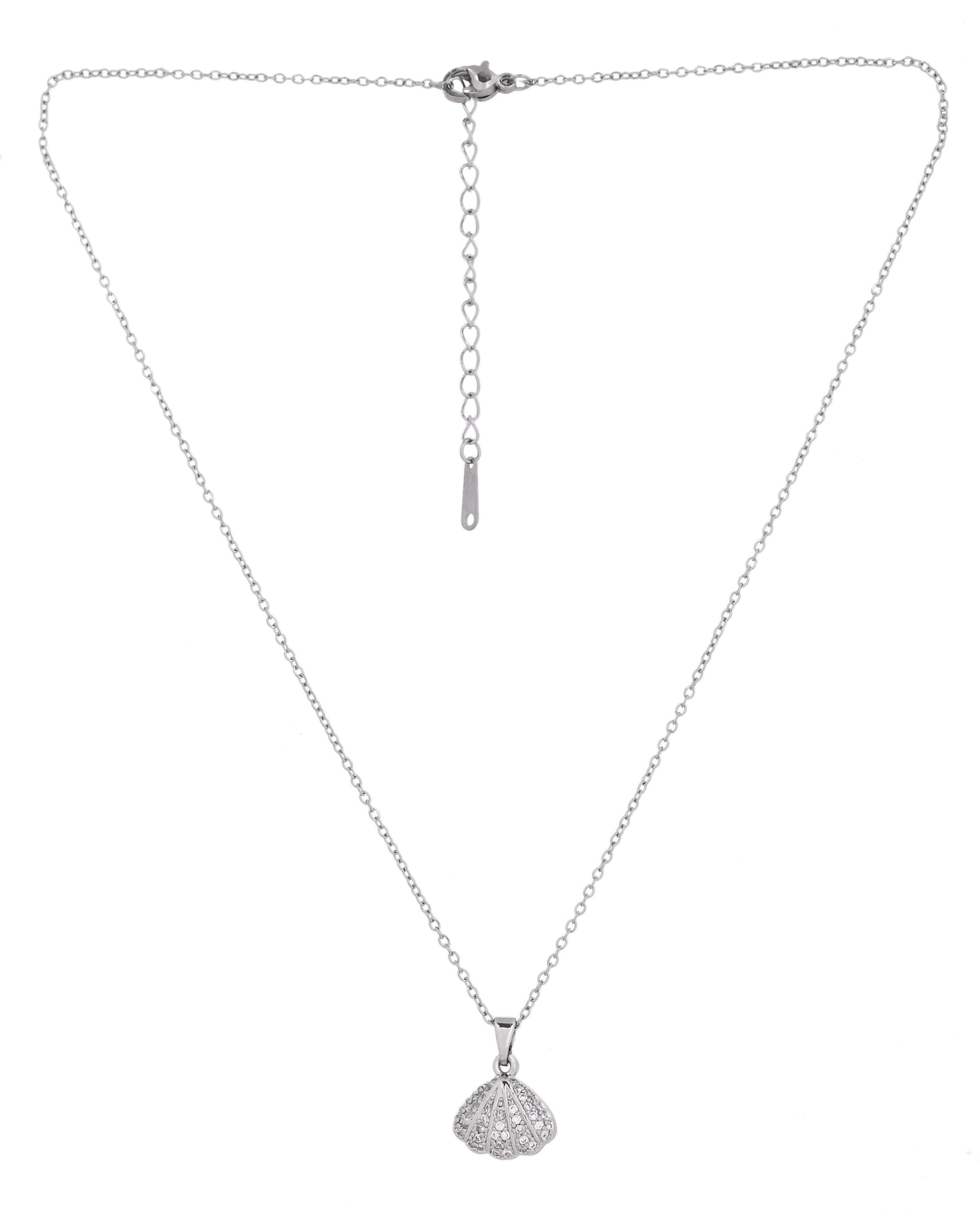 VOJ Elegant Silver-Plated Shell Design Pendant With Pearl Accent Necklace | Grocsy