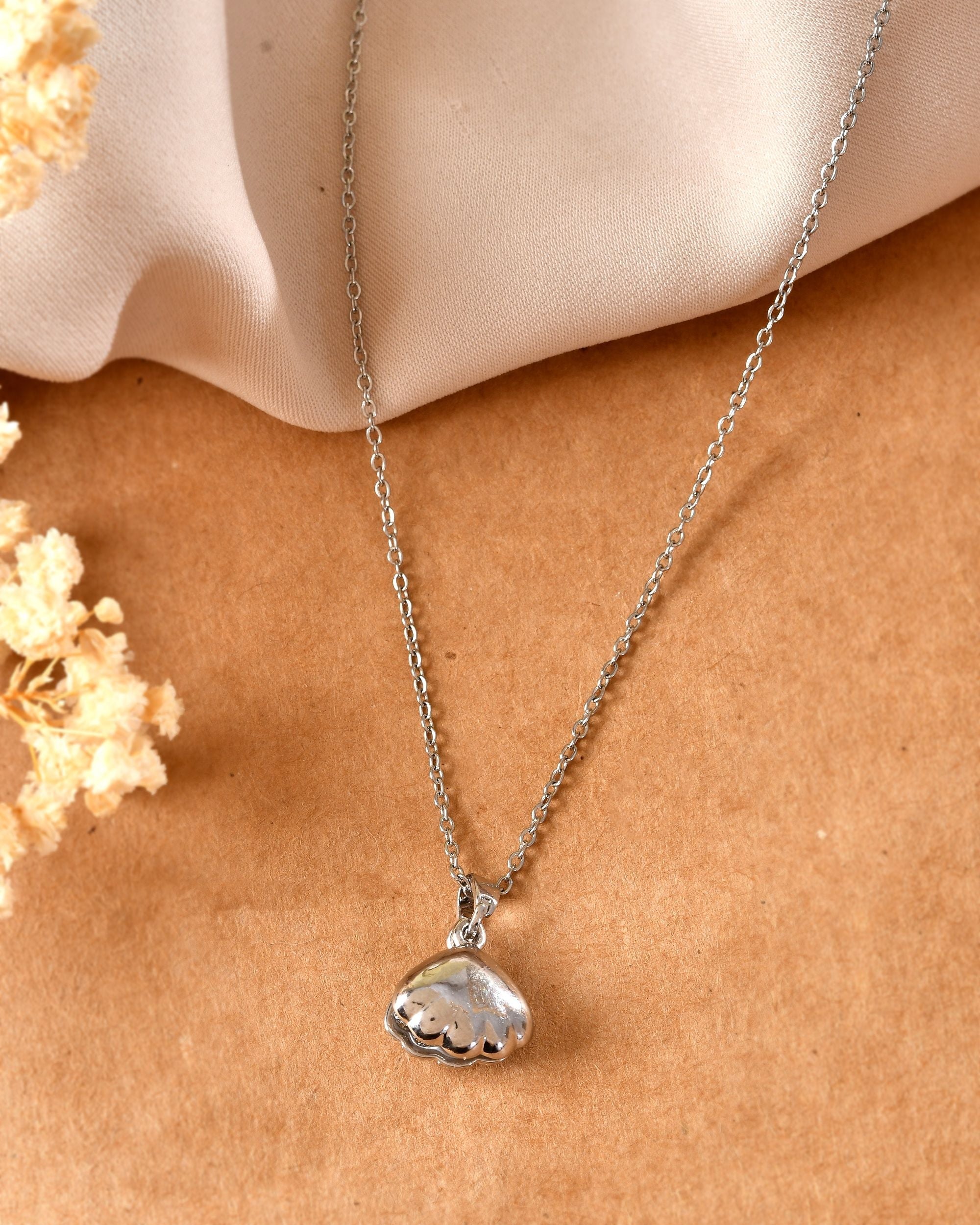 VOJ Elegant Silver-Plated Shell Design Pendant With Pearl Accent Necklace | Grocsy