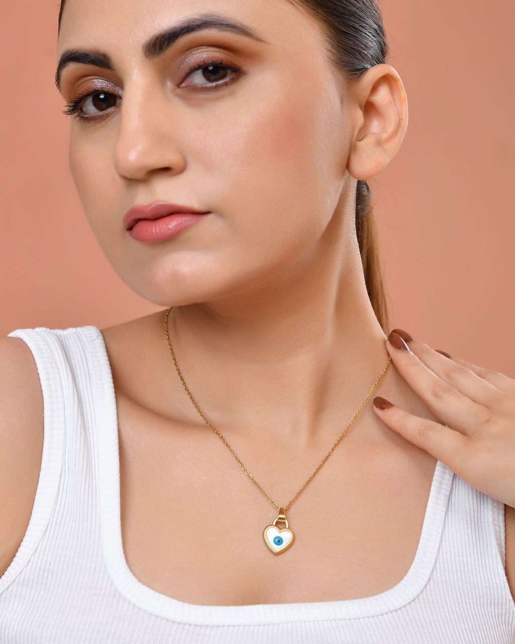VOJ Gold Plated Heart Shaped Evil Eye Pendant With Chain | Grocsy