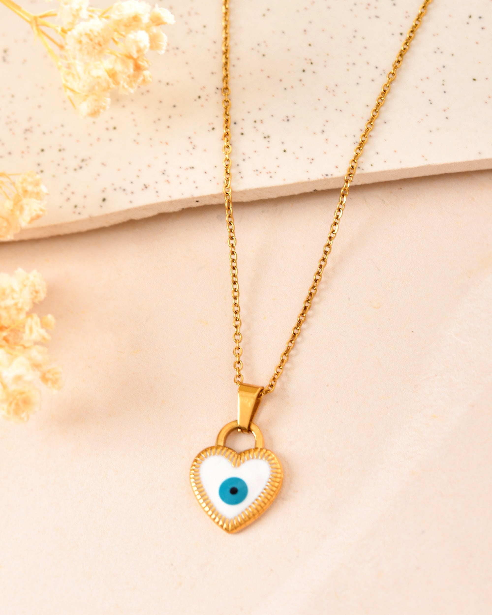 VOJ Gold Plated Heart Shaped Evil Eye Pendant With Chain | Grocsy