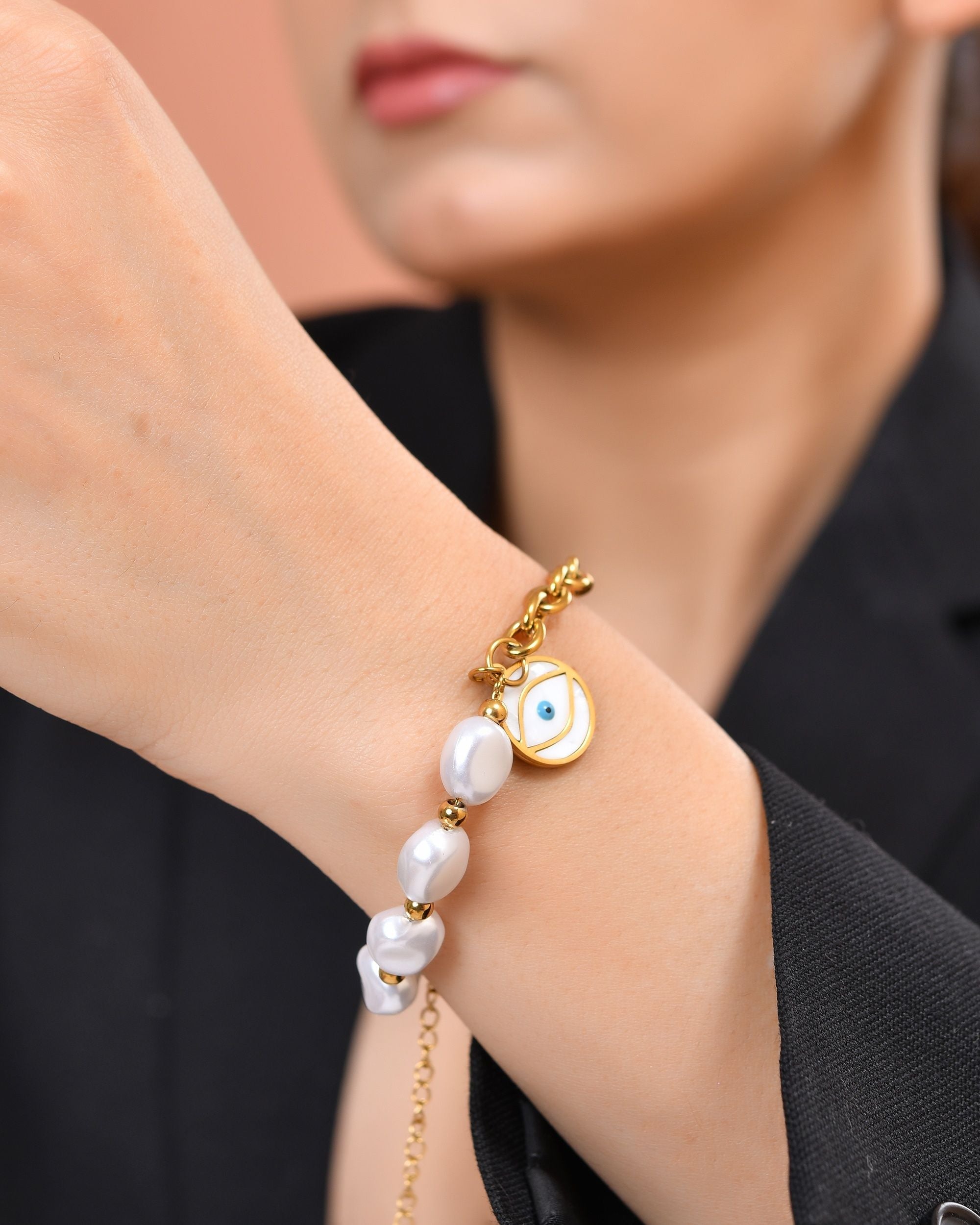 VOJ Gold Plated Pearl And Evil Eye Bracelet For Women | Grocsy