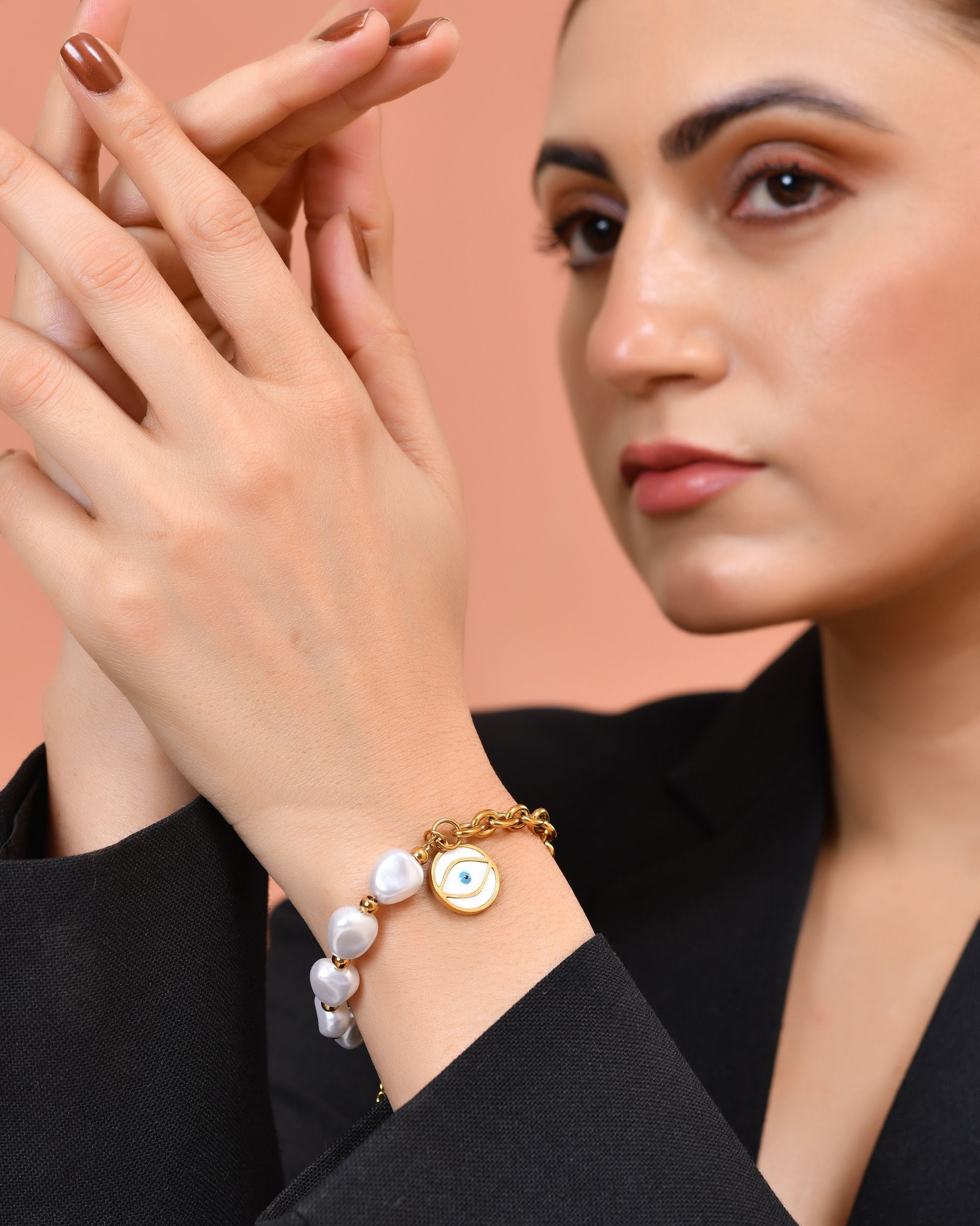 VOJ Gold Plated Pearl And Evil Eye Bracelet For Women | Grocsy