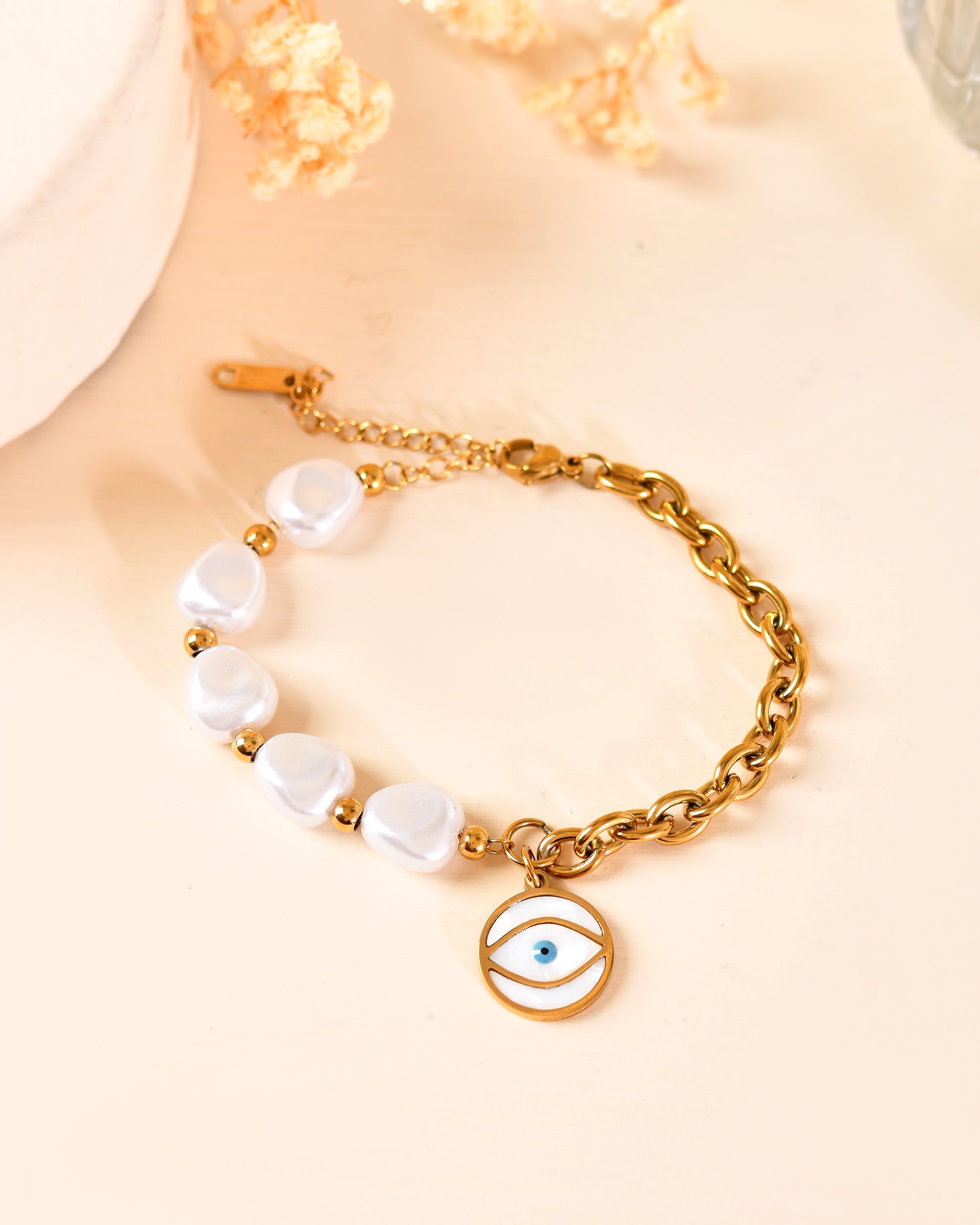 VOJ Gold Plated Pearl And Evil Eye Bracelet For Women | Grocsy