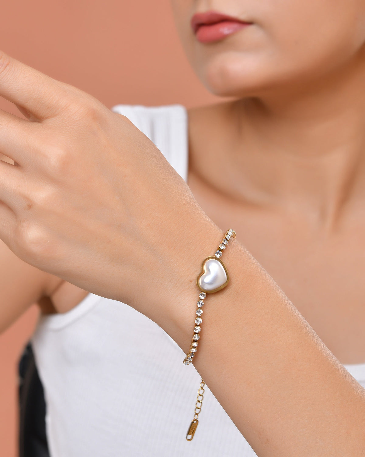 VOJ Gold Plated Ad Stone Studded With Heart Shaped Pearl Bracelet For Women | Grocsy