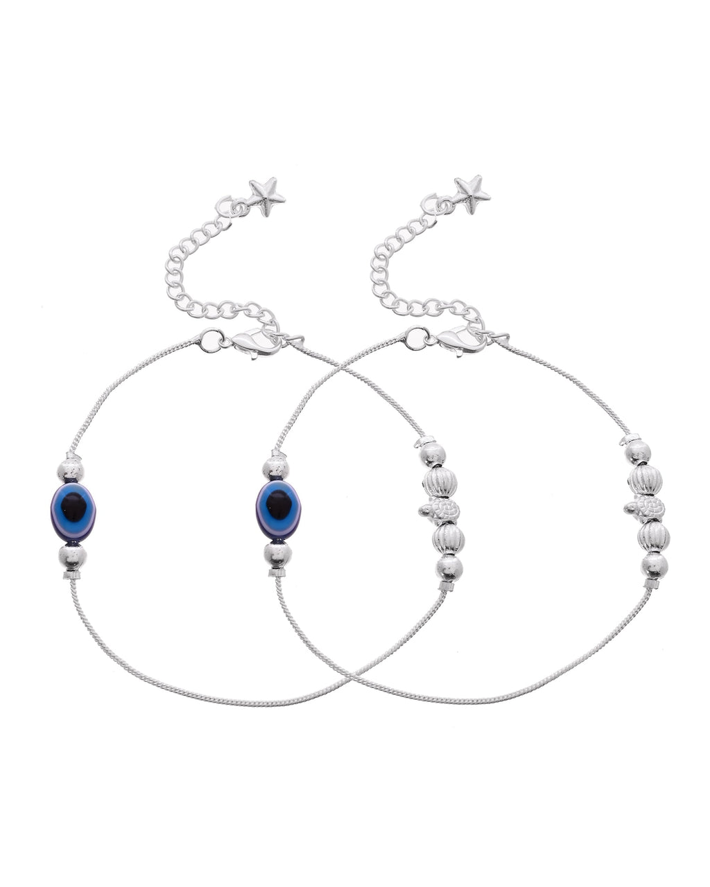 VOJ Set Of 2 Silver Plated Evil Eye Beads Anklet | Grocsy