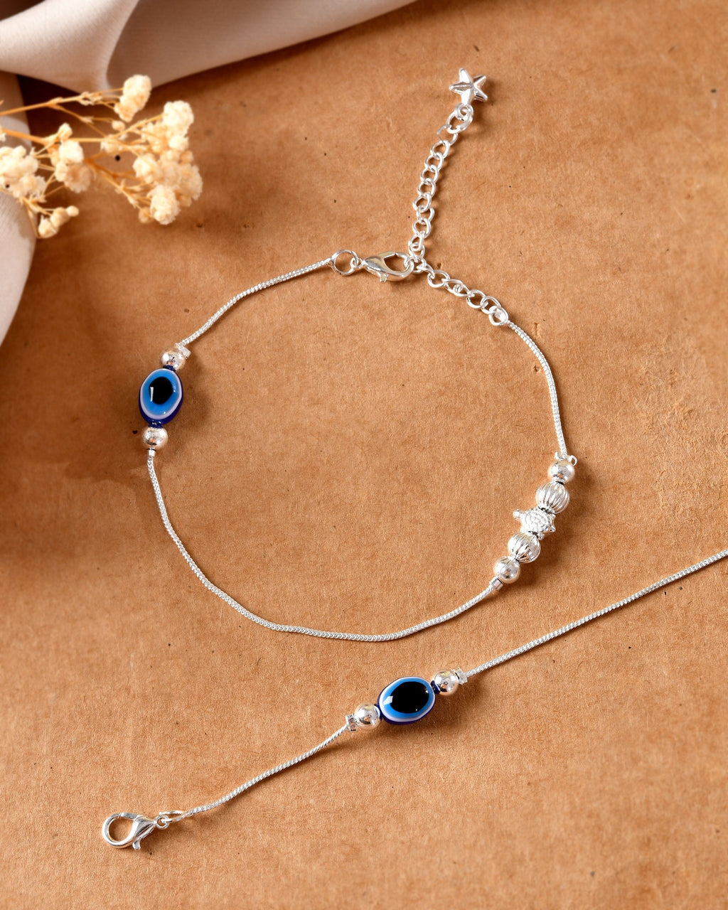 VOJ Set Of 2 Silver Plated Evil Eye Beads Anklet | Grocsy