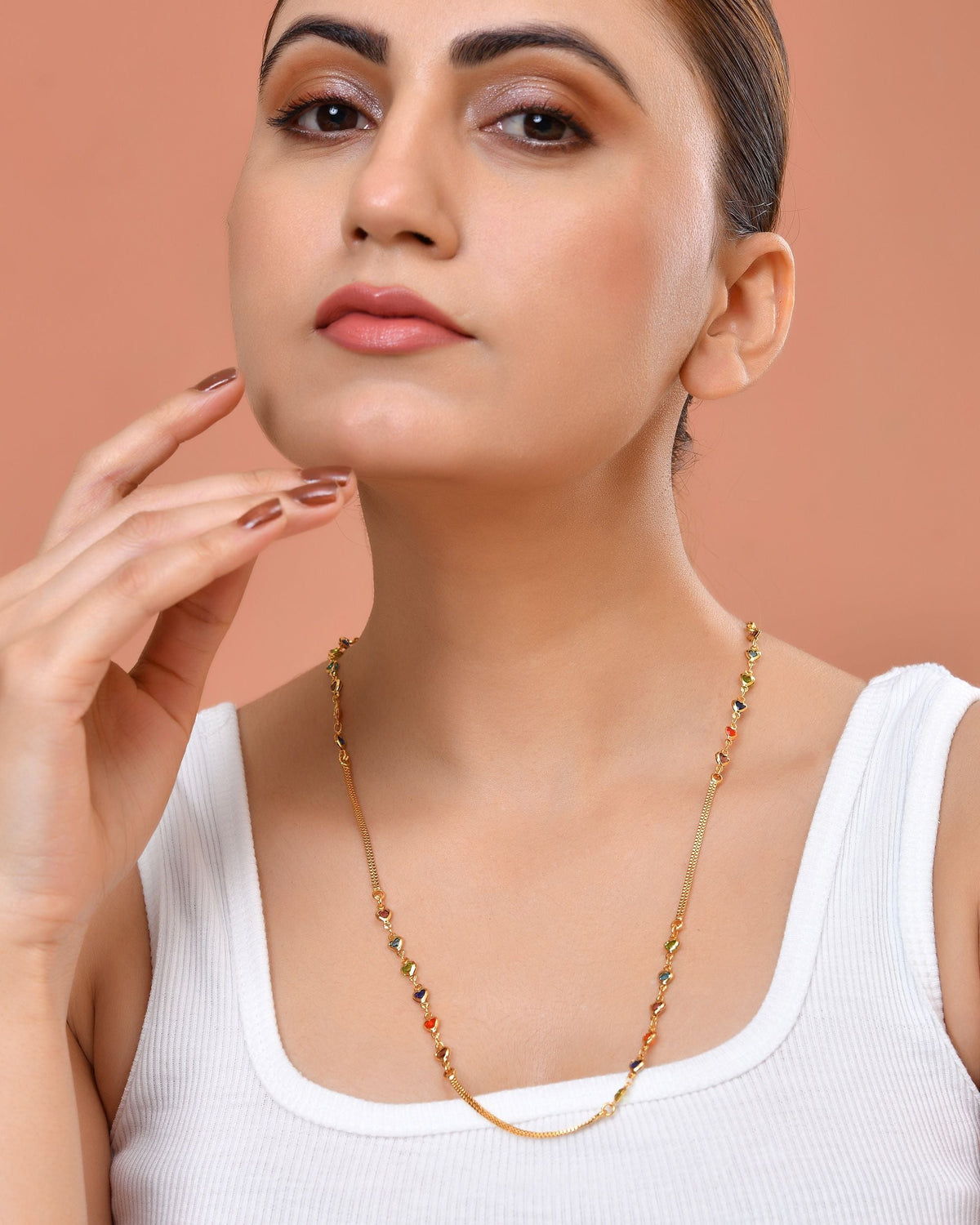 VOJ Gold Plated Multi Color Heart Chain For Women | Grocsy