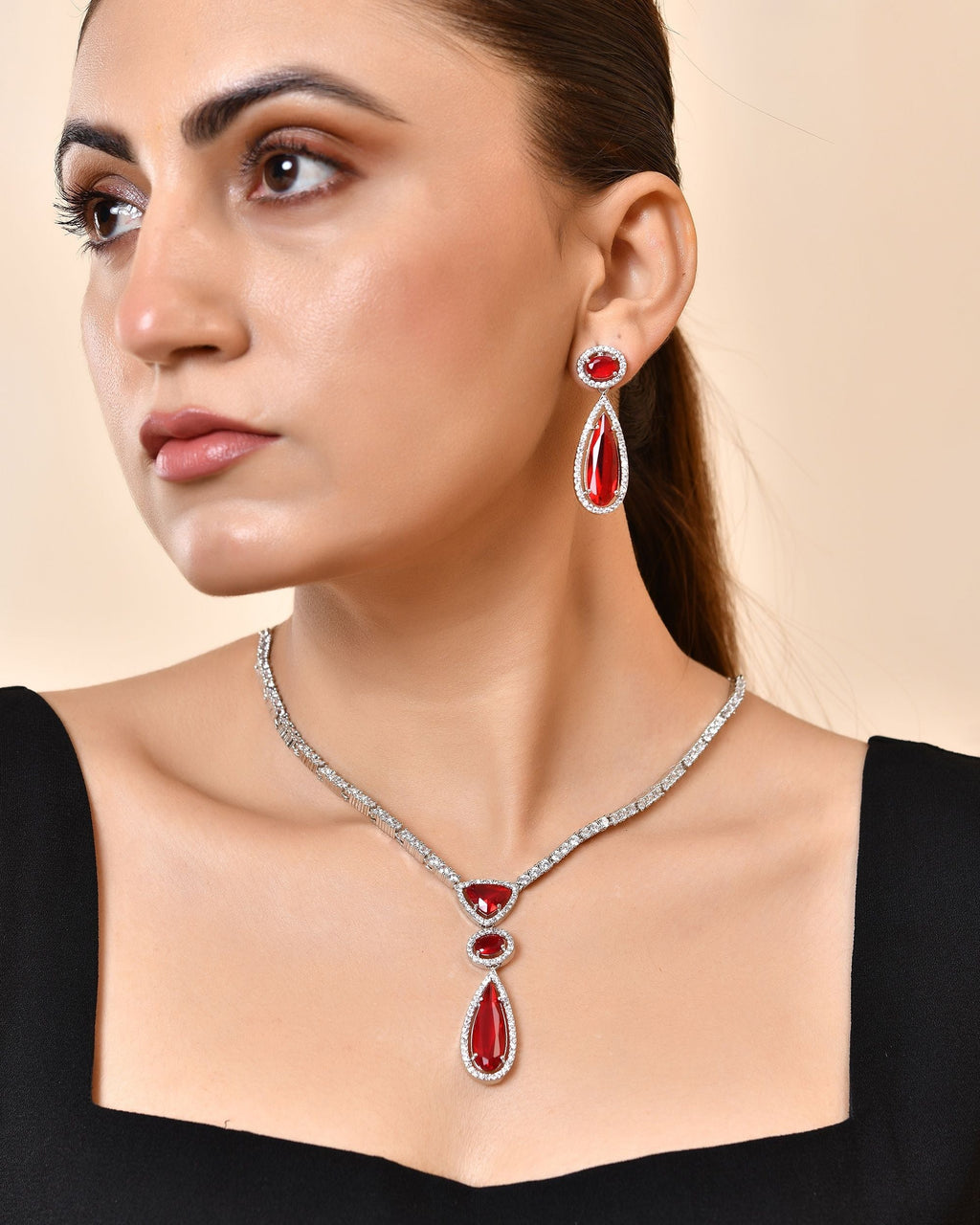 VOJ Silver-Plated Ad & Ruby Red Cubic Zirconia Studded Jewellery Set | Grocsy
