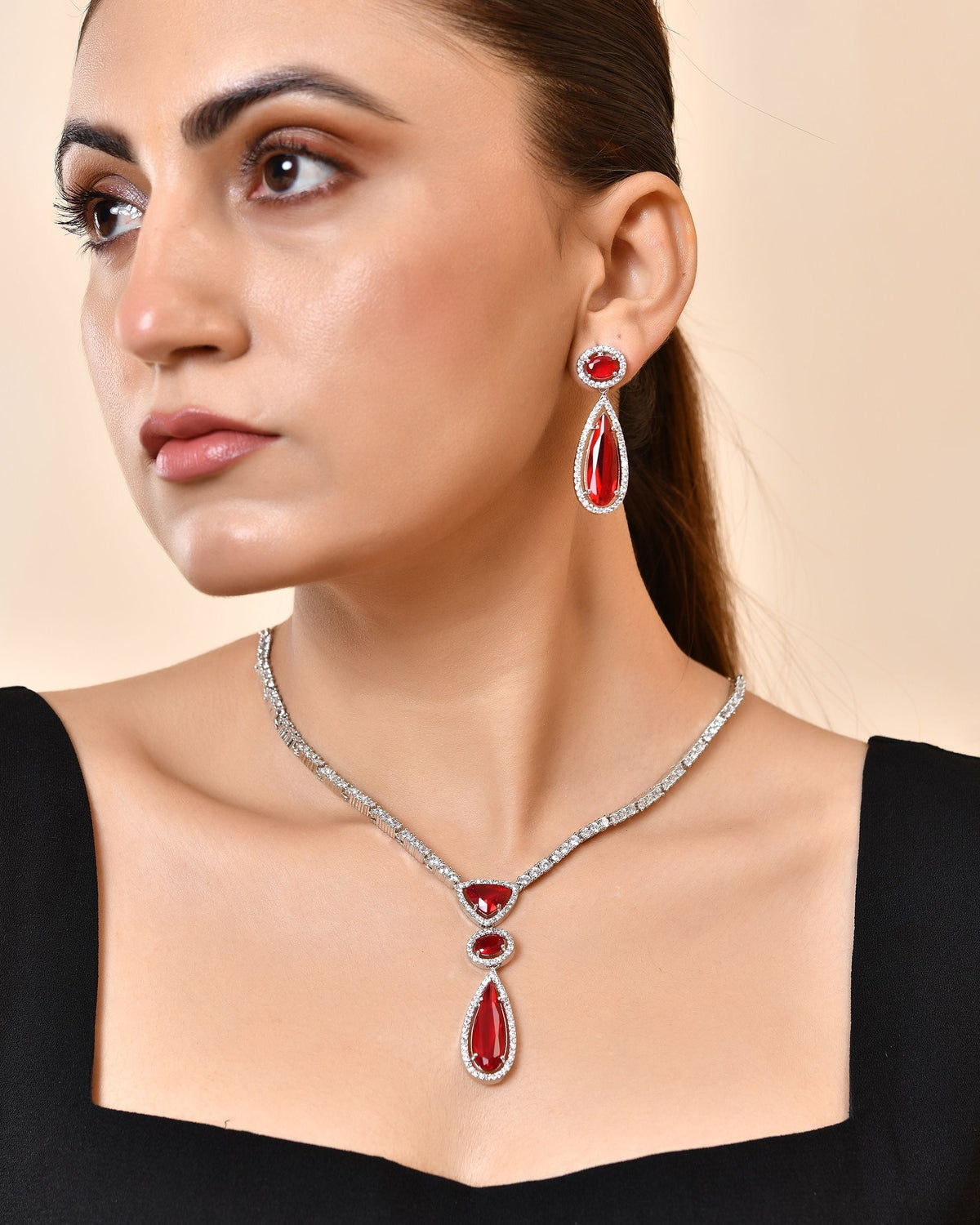 VOJ Silver-Plated Ad & Ruby Red Cubic Zirconia Studded Jewellery Set | Grocsy