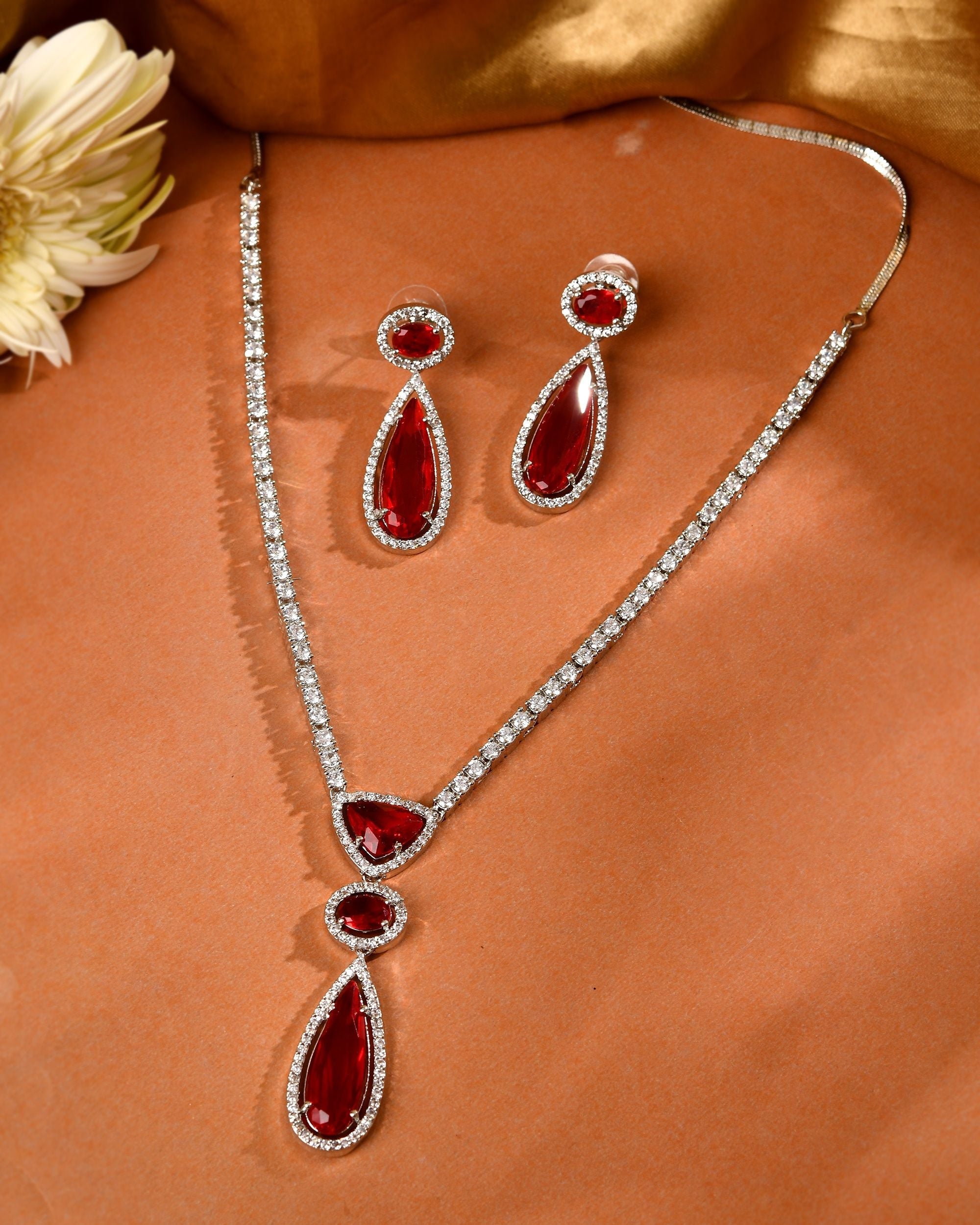 VOJ Silver-Plated Ad & Ruby Red Cubic Zirconia Studded Jewellery Set | Grocsy