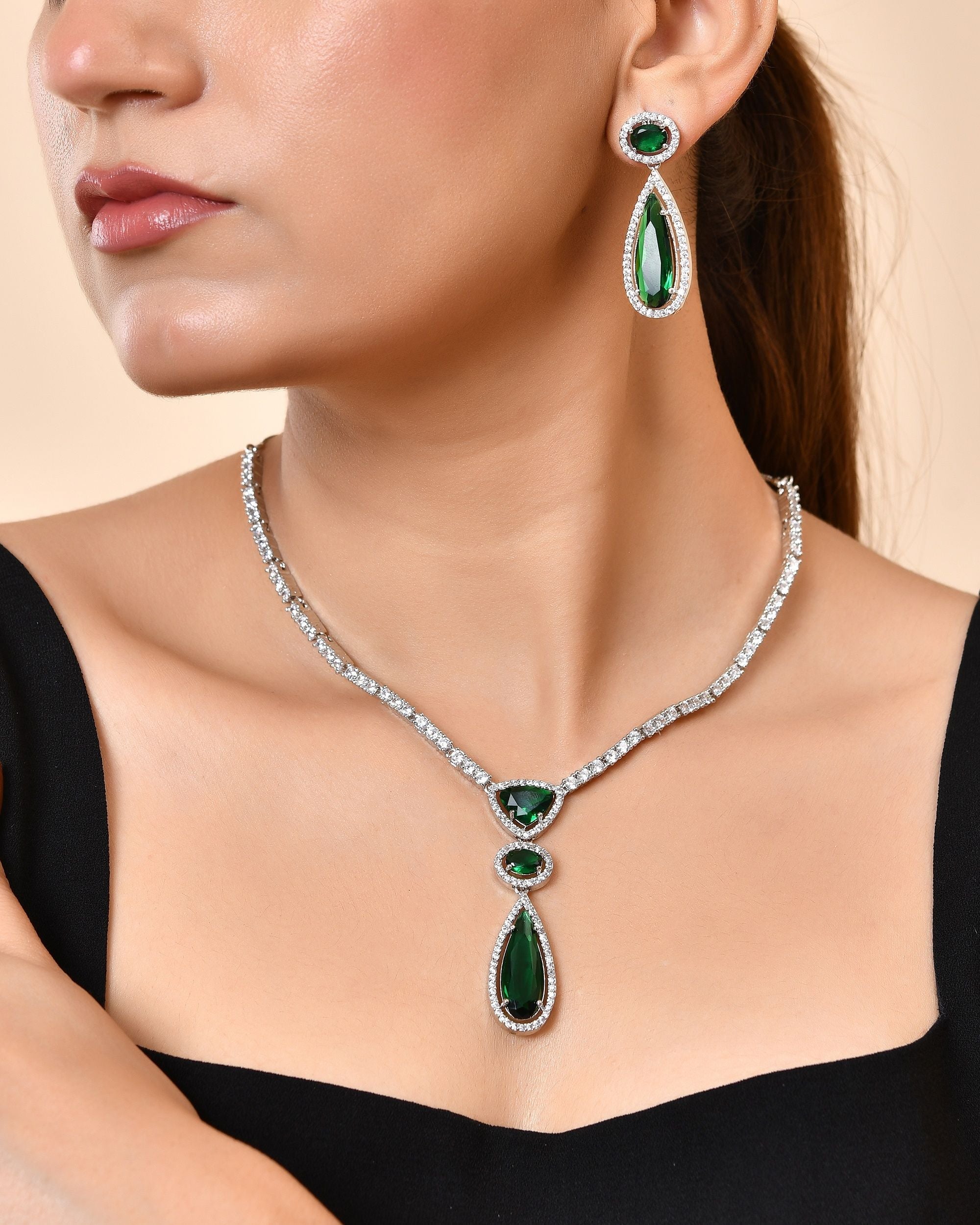 VOJ Silver-Plated Ad & Green Cubic Zirconia Studded Jewellery Set | Grocsy