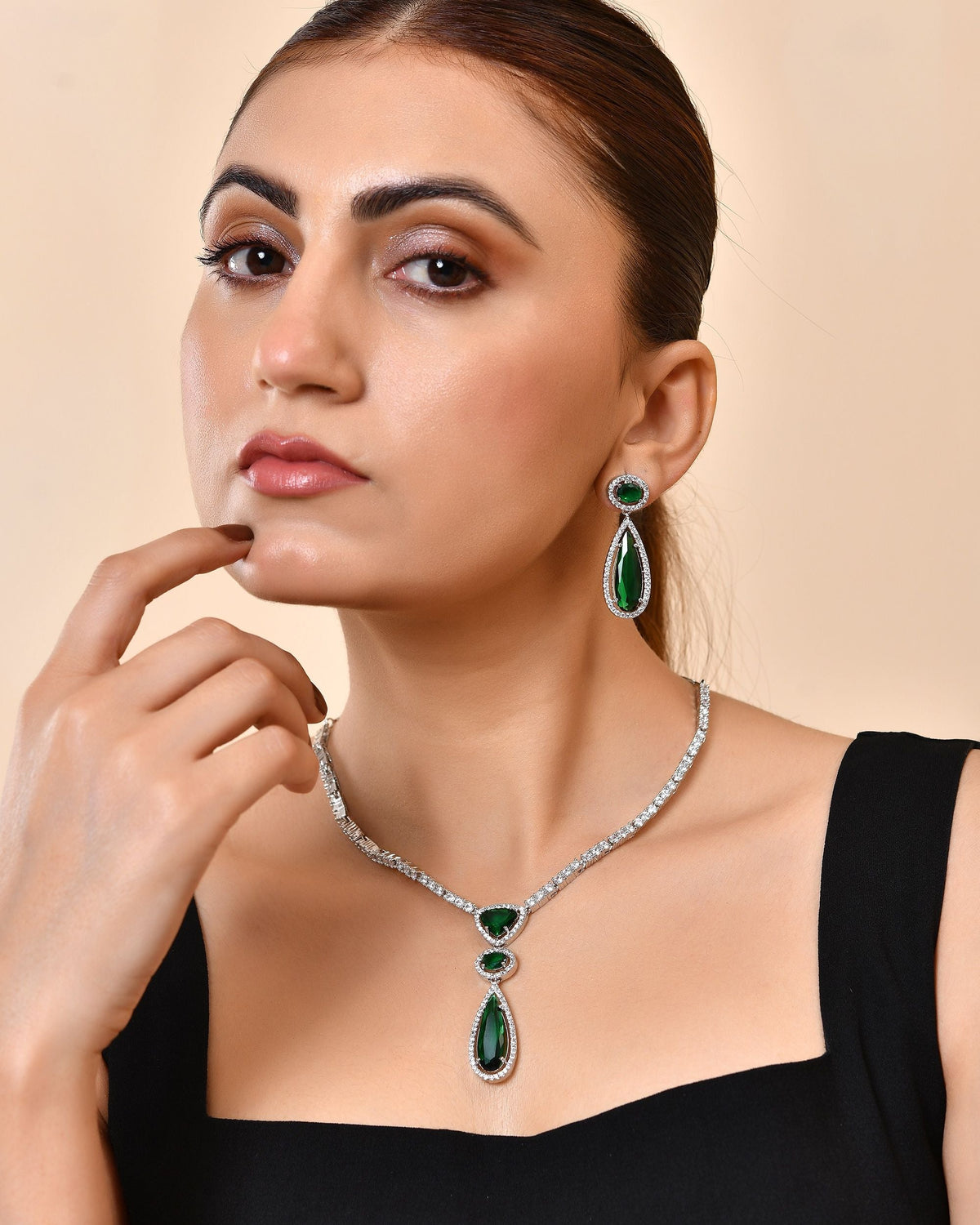 VOJ Silver-Plated Ad & Green Cubic Zirconia Studded Jewellery Set | Grocsy