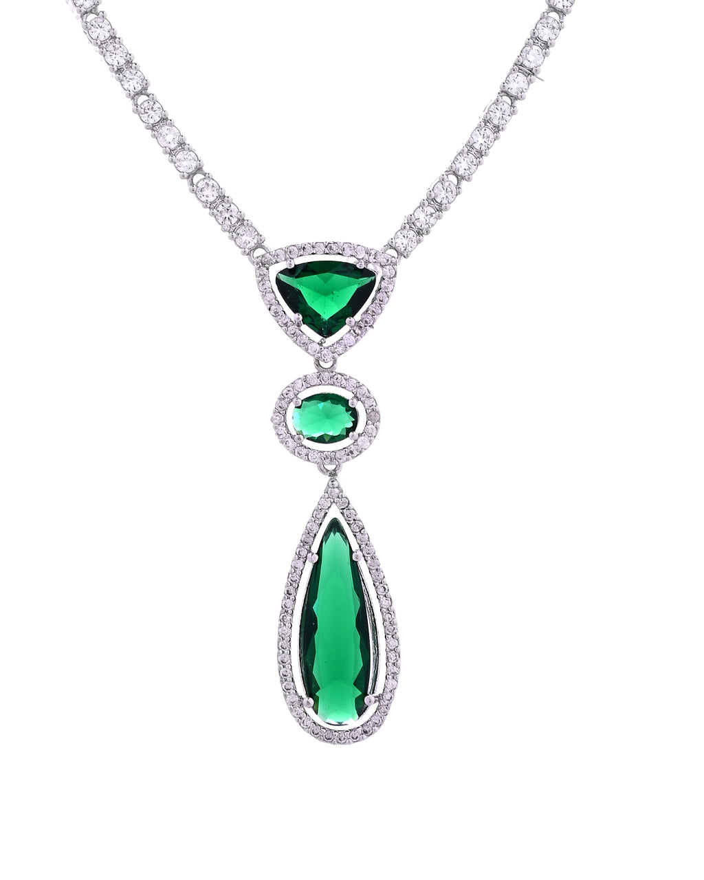 VOJ Silver-Plated Ad & Green Cubic Zirconia Studded Jewellery Set | Grocsy