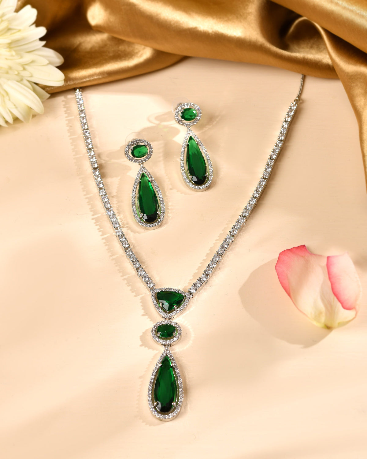 VOJ Silver-Plated Ad & Green Cubic Zirconia Studded Jewellery Set | Grocsy