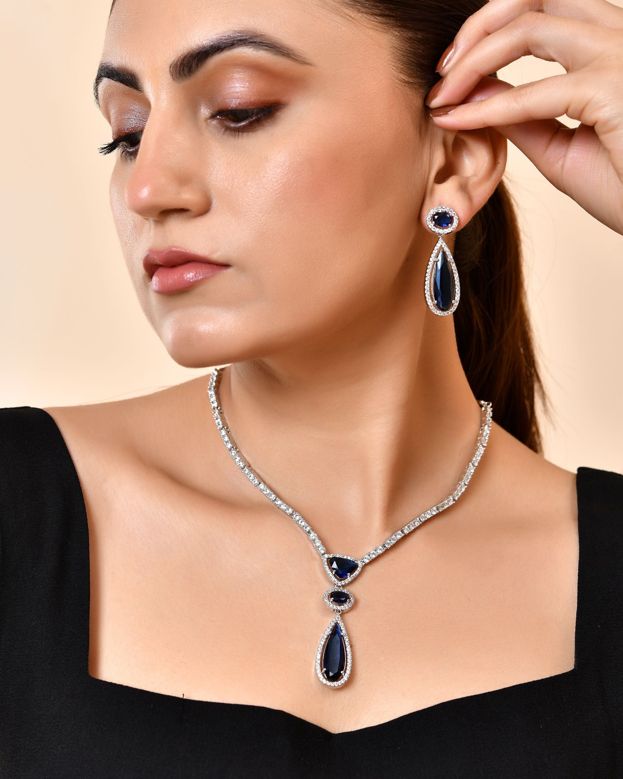 VOJ Silver-Plated Ad & Blue Cubic Zirconia Studded Jewellery Set | Grocsy
