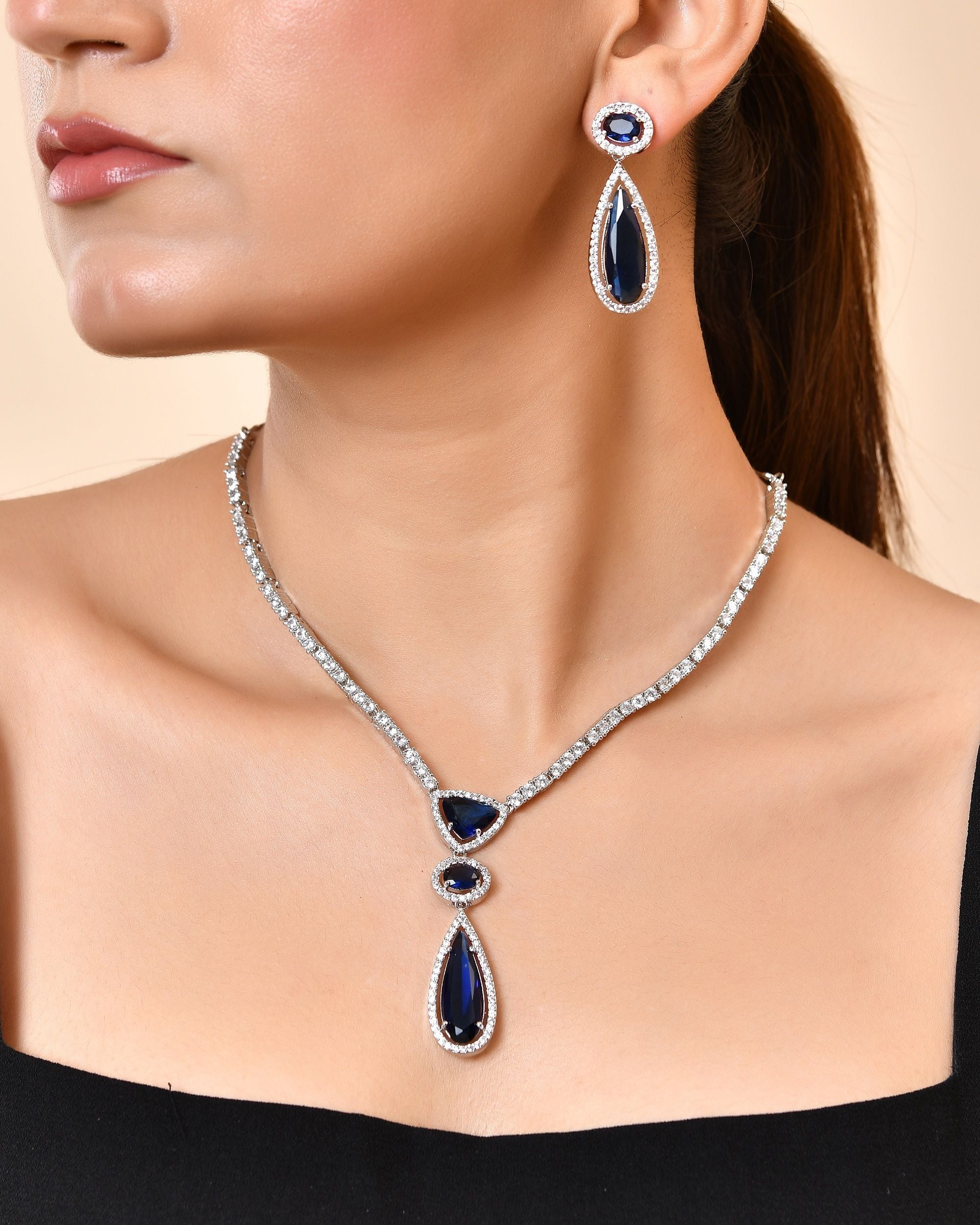 VOJ Silver-Plated Ad & Blue Cubic Zirconia Studded Jewellery Set | Grocsy