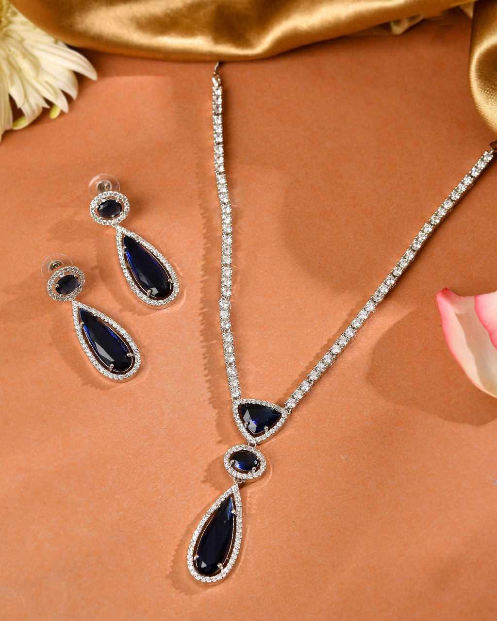 VOJ Silver-Plated Ad & Blue Cubic Zirconia Studded Jewellery Set | Grocsy