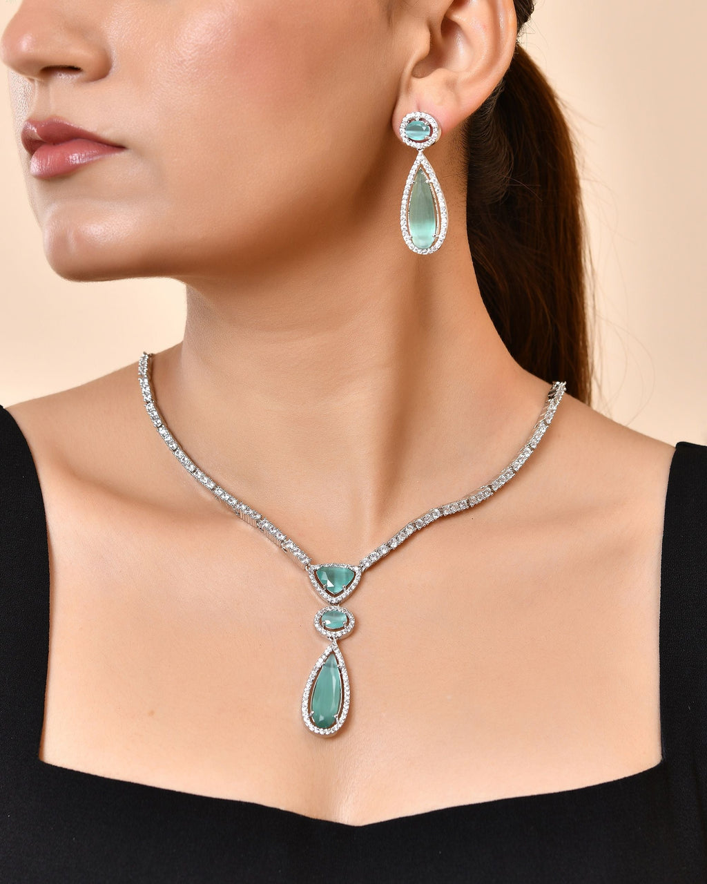 VOJ Silver-Plated Ad & Teal Green Cubic Zirconia Studded Jewellery Set | Grocsy