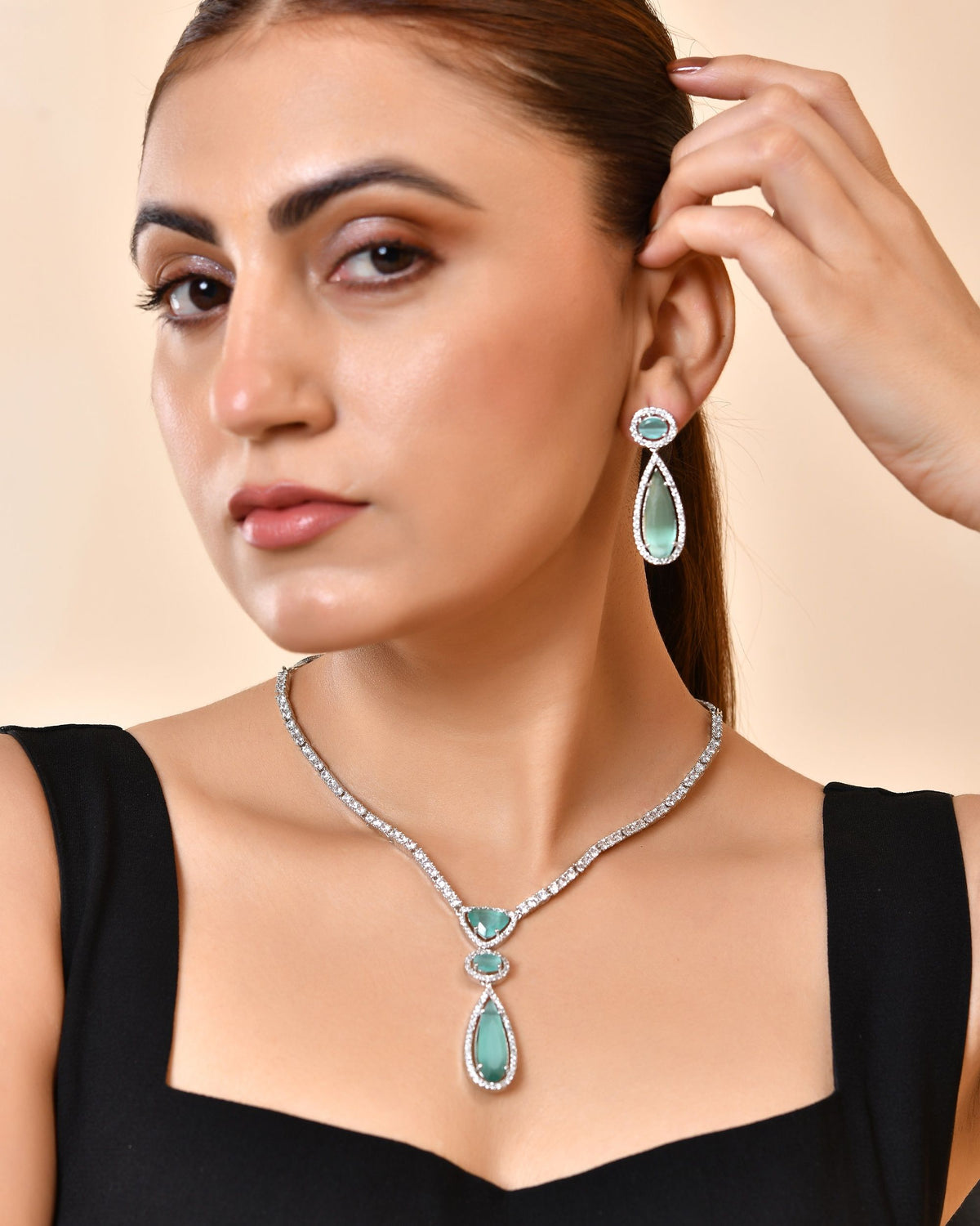 VOJ Silver-Plated Ad & Teal Green Cubic Zirconia Studded Jewellery Set | Grocsy