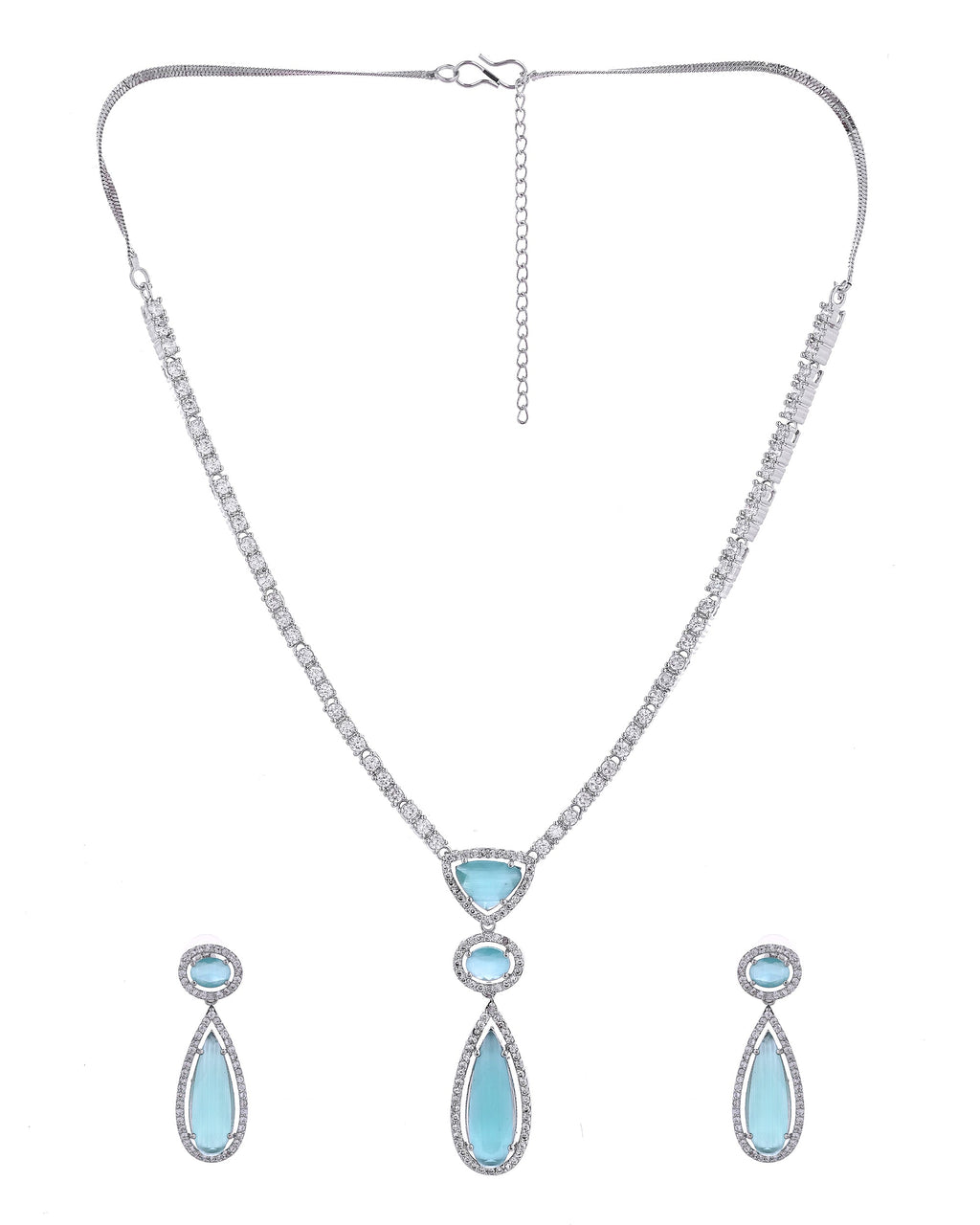VOJ Silver-Plated Ad & Teal Green Cubic Zirconia Studded Jewellery Set | Grocsy