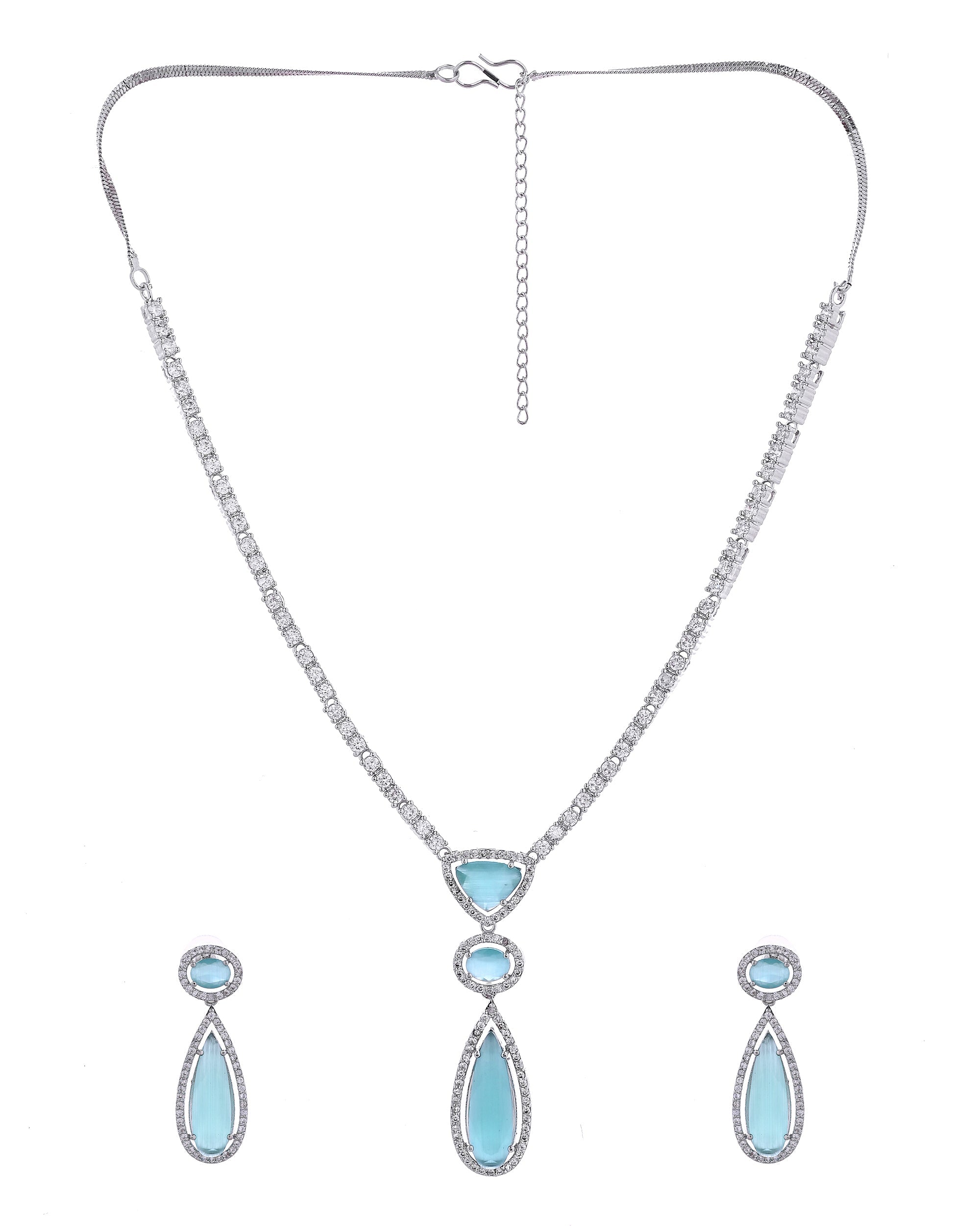VOJ Silver-Plated Ad & Teal Green Cubic Zirconia Studded Jewellery Set | Grocsy