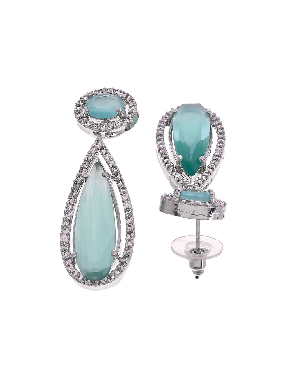 VOJ Silver-Plated Ad & Teal Green Cubic Zirconia Studded Jewellery Set | Grocsy